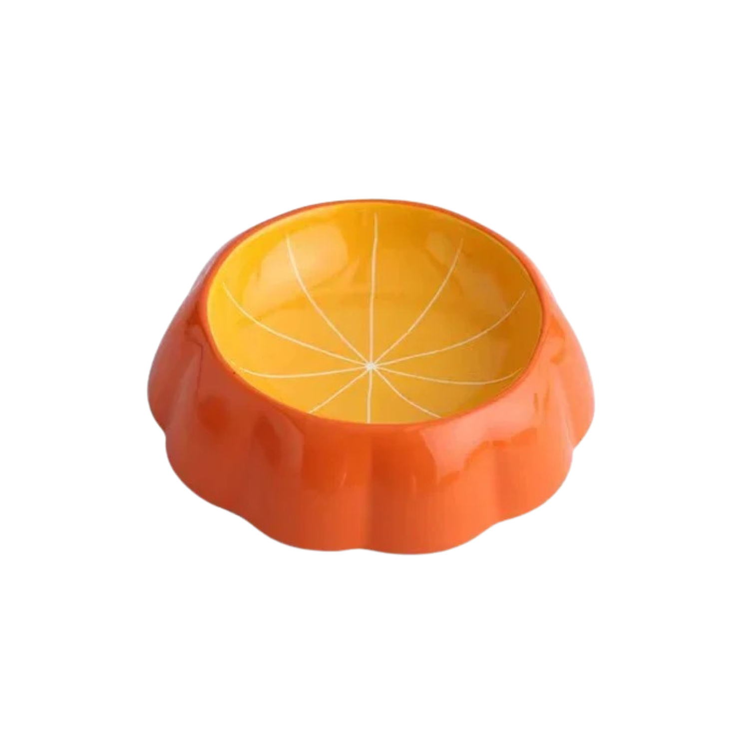 Gamelle en céramique orange en forme de citrouille pour chien, style laisse et collier.