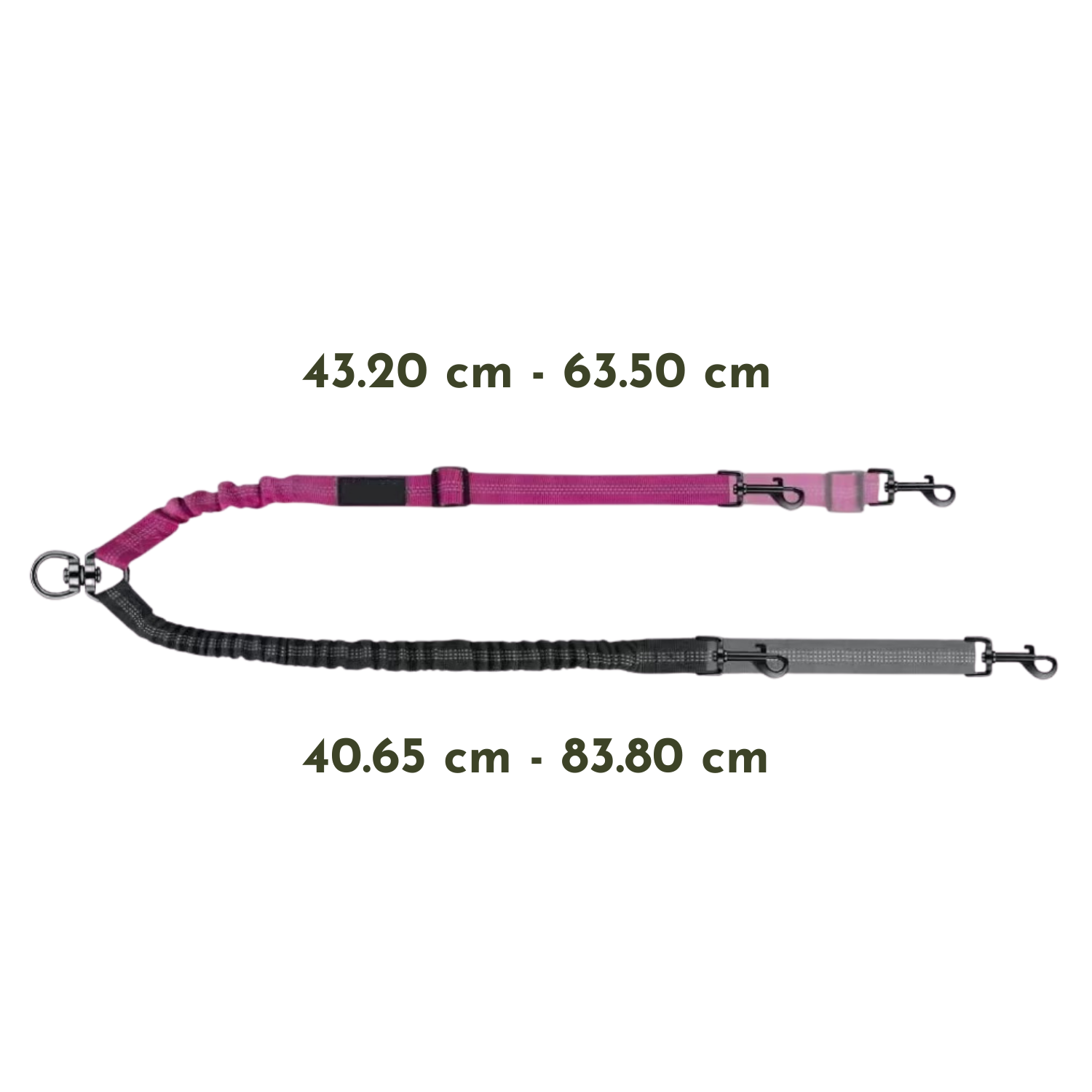 Laisse double extensible rose et gris avec mousquetons pour chien.