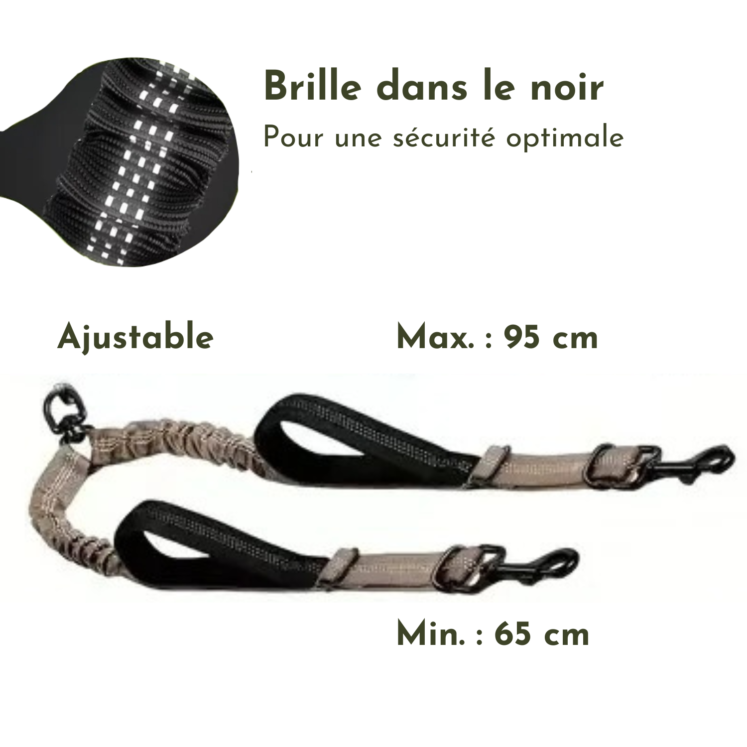 Laisse double grise ajustable pour chien avec poignées confort et bandes réfléchissantes.