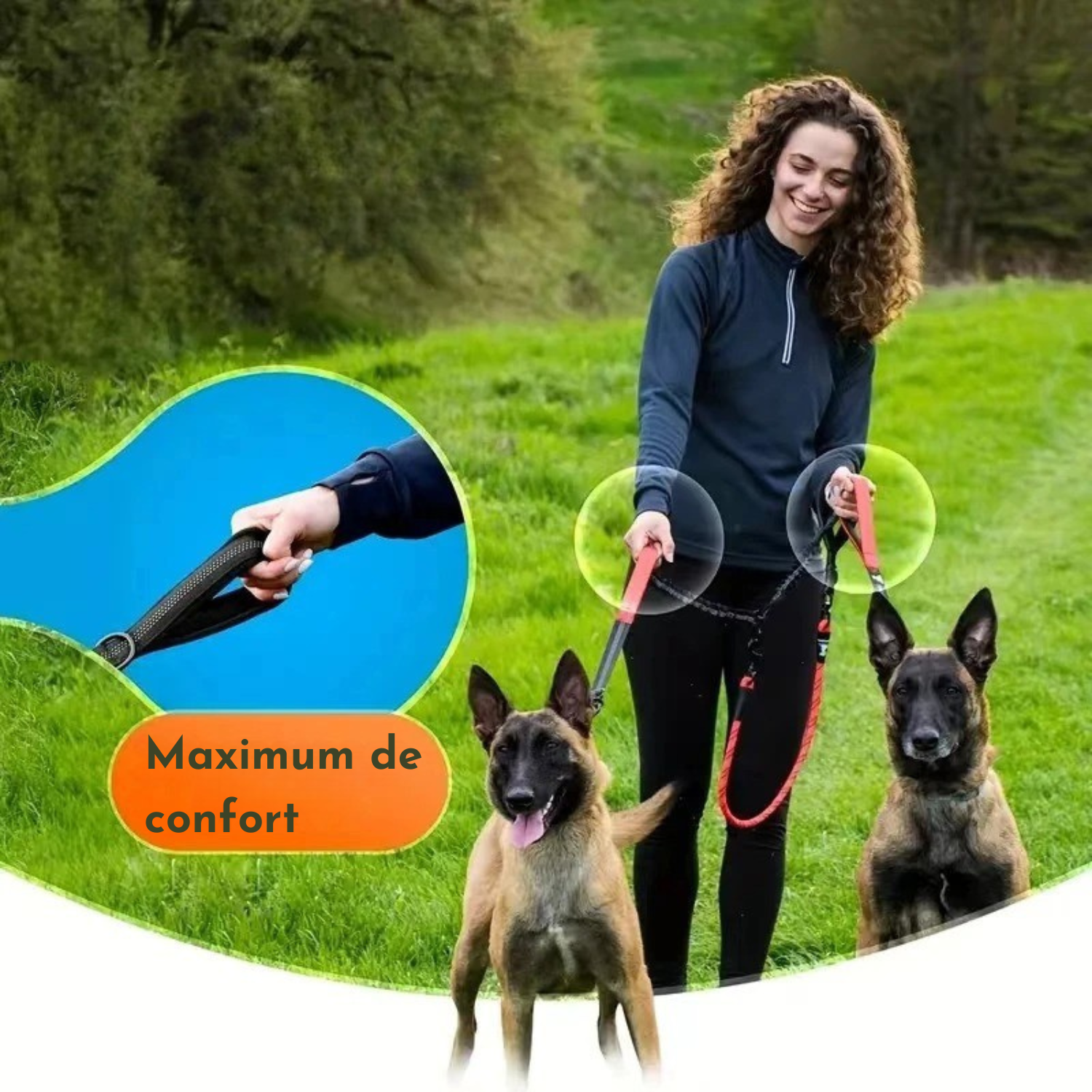 Laisse double rouge avec poignées confort tenant deux chiens au parc.