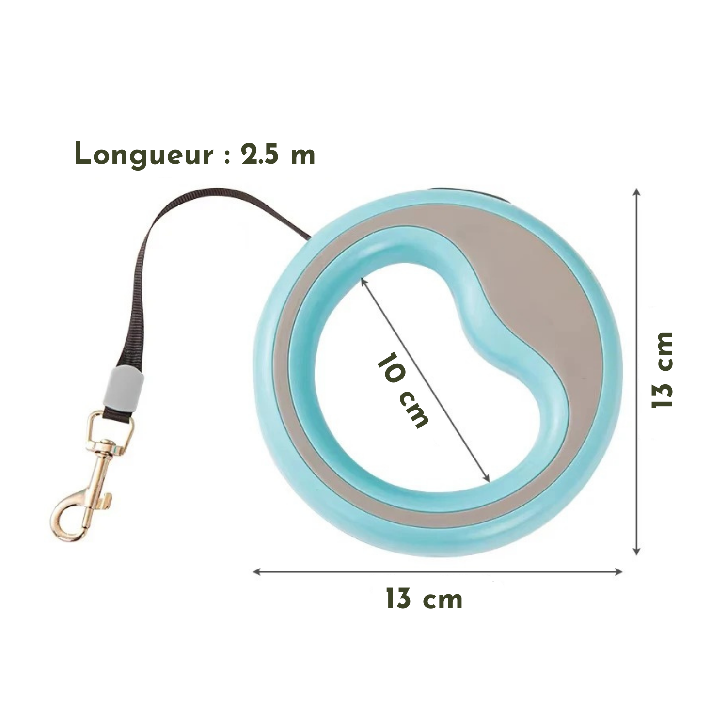 Laisse enrouleur gris pour chien avec collier et gamelle intégrée, diamètre 13 cm.