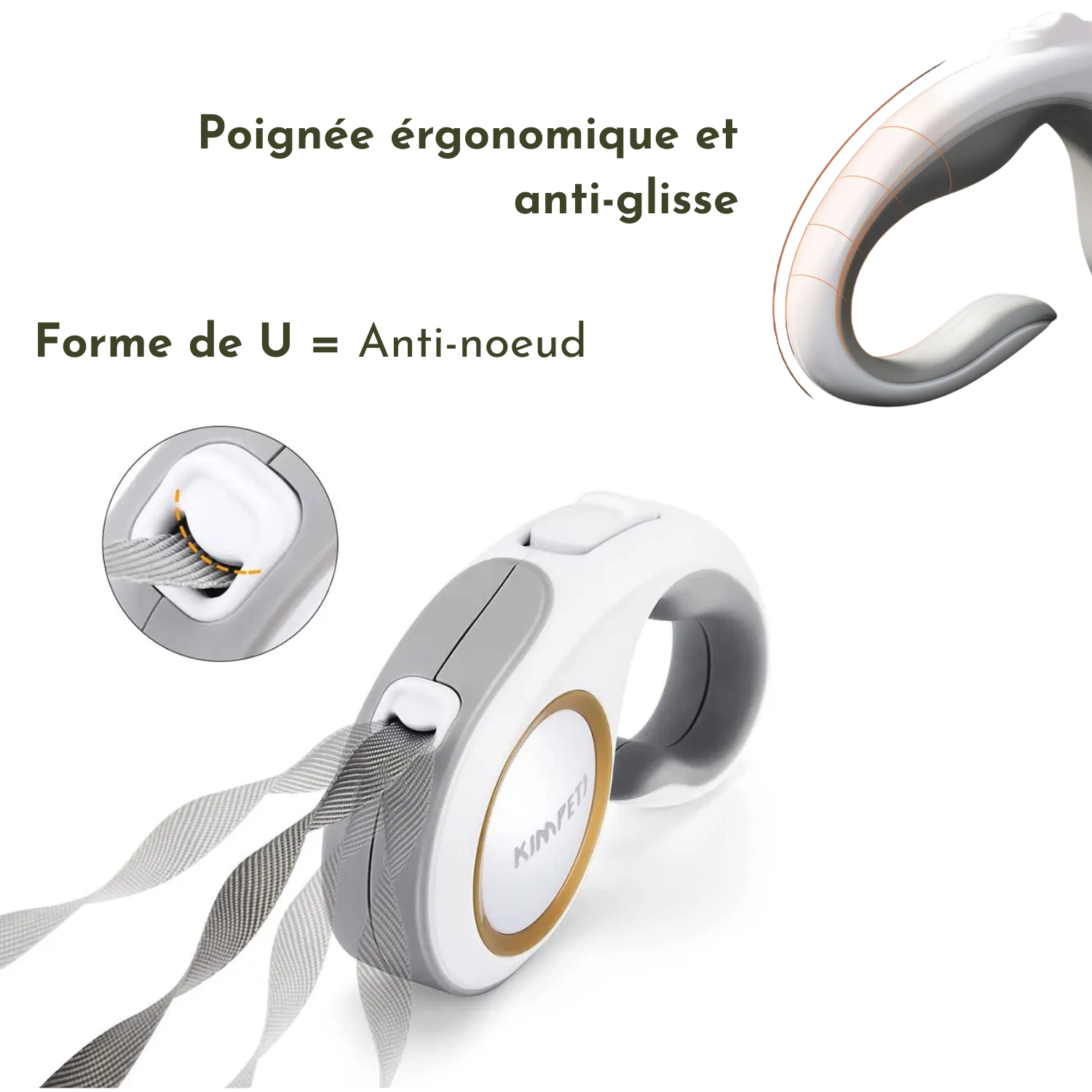 Laisse enrouleur design blanche avec poignée ergonomique antidérapante pour chien.