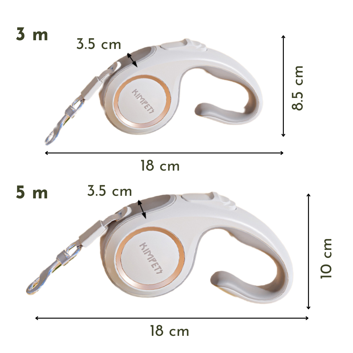 Laisse enrouleur blanche pour chien, poignée ergonomique, disponible en 3 m et 5 m.
