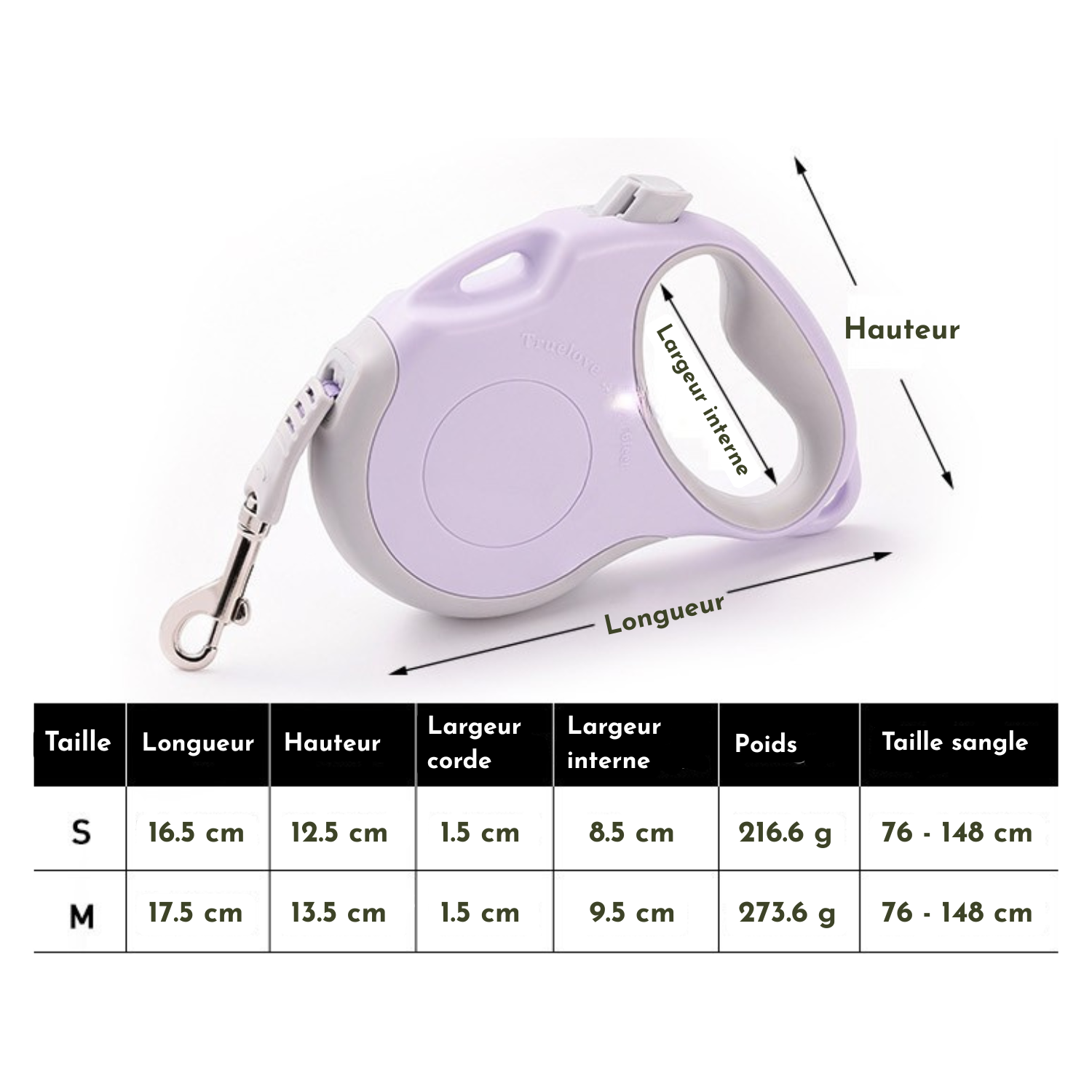 Laisse enrouleur lilas pour chien avec poignée ergonomique et attache métal robuste.