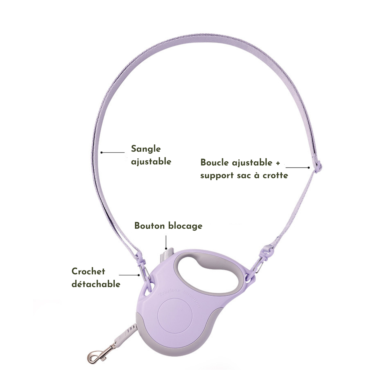 Laisse enrouleur violet avec poignée ergonomique et crochet détachable pour chien.