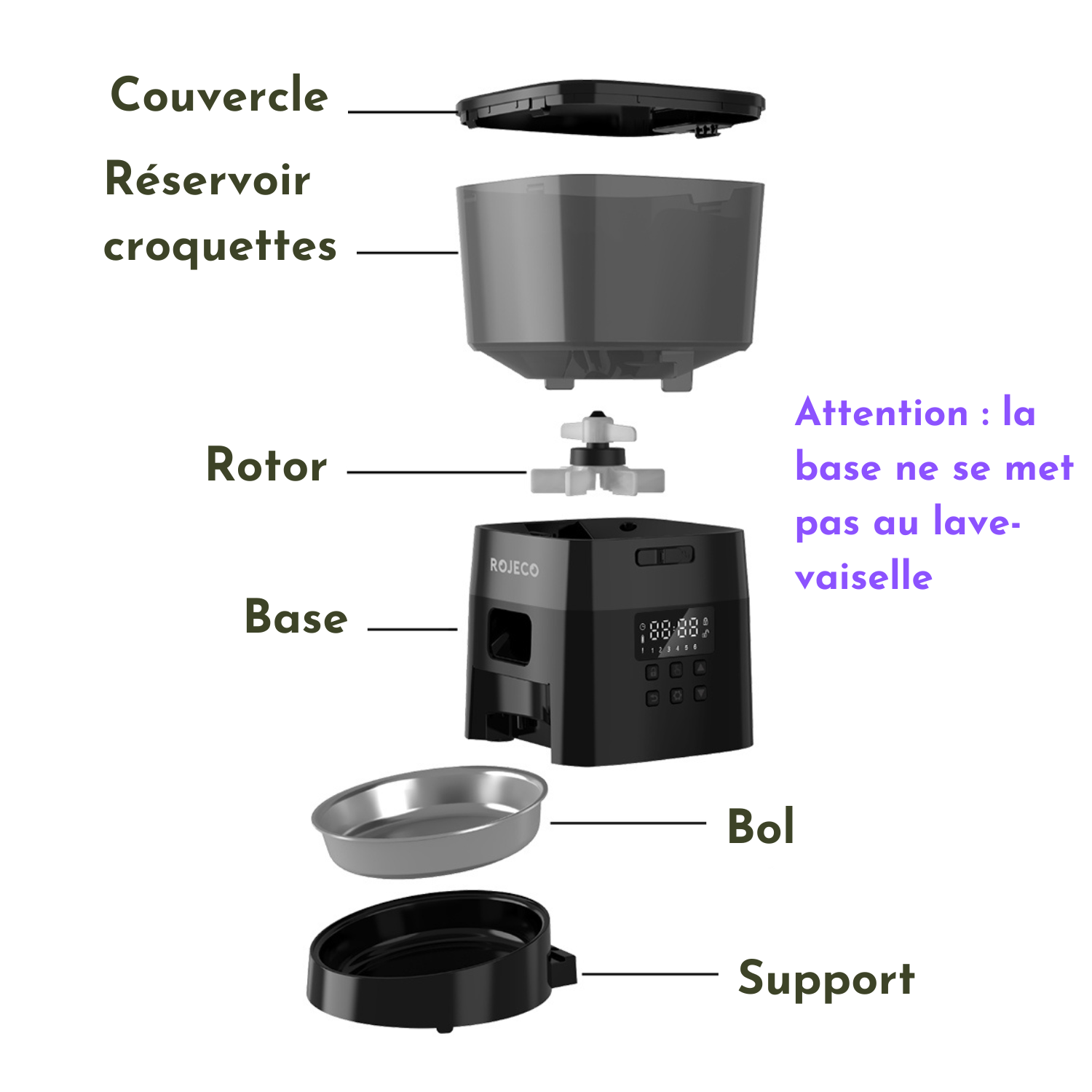 Distributeur de croquettes noir avec bol et compartiments, idéal pour gamelle chien, collier, laisse.