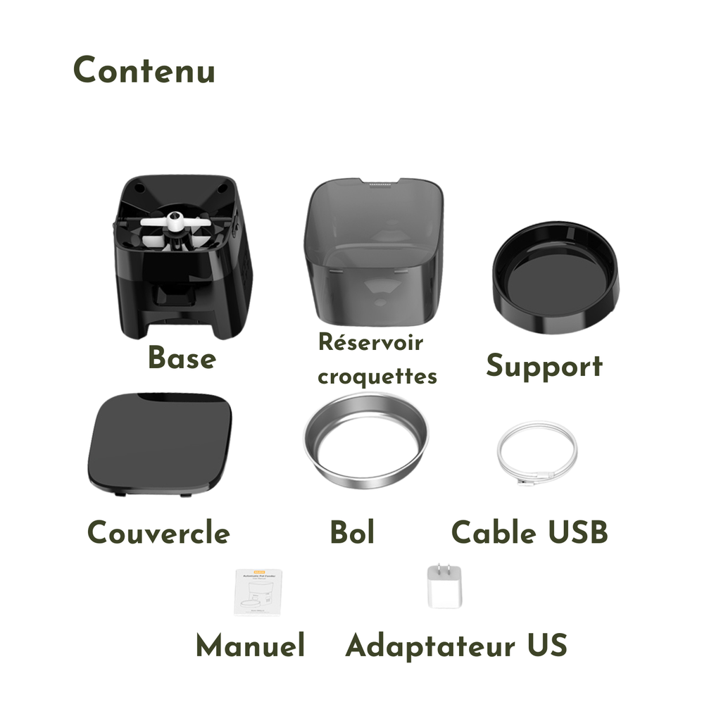 Composants distributeur croquettes noir avec gamelle, réservoir, base et câble USB.