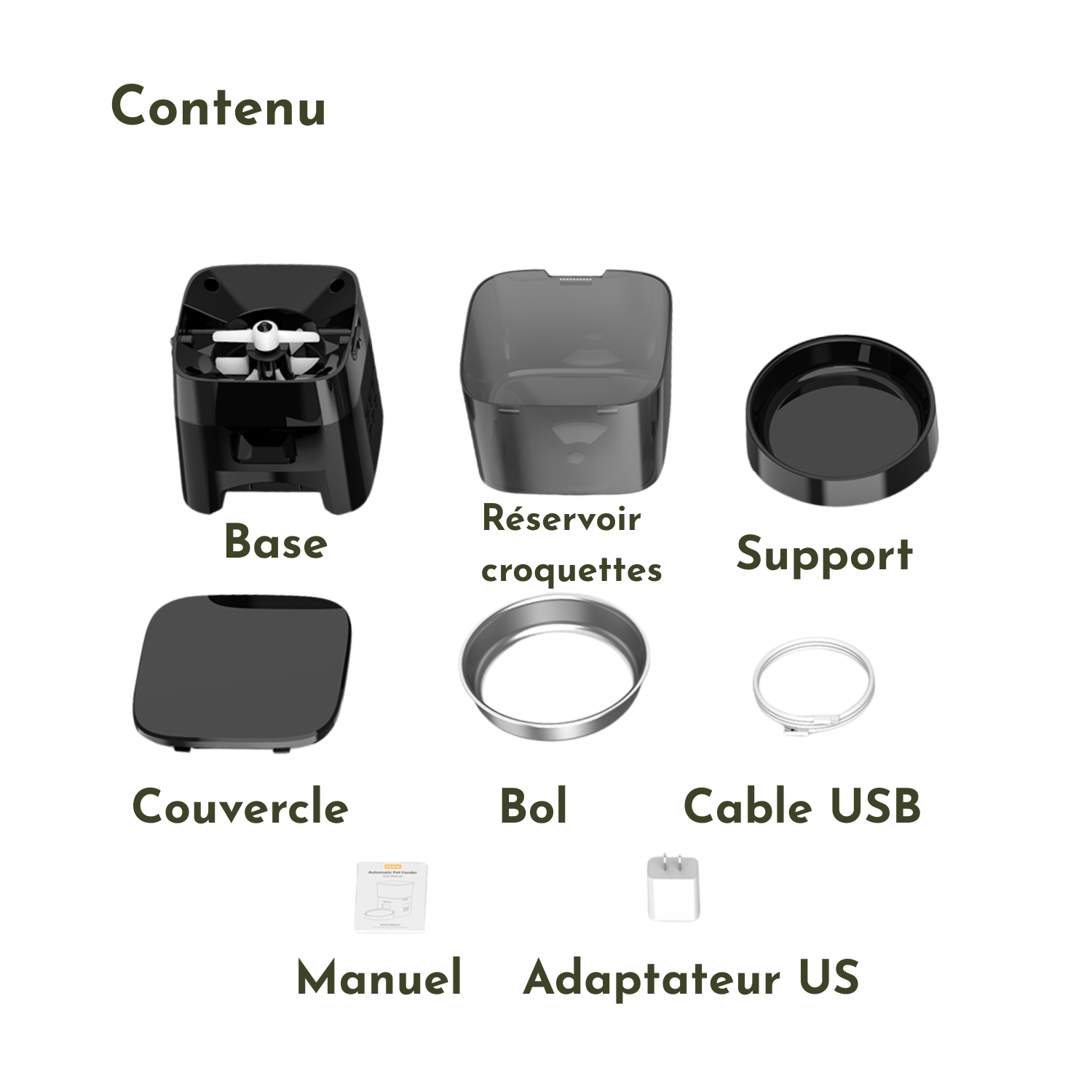 Composants distributeur croquettes noir avec gamelle, réservoir, base et câble USB.