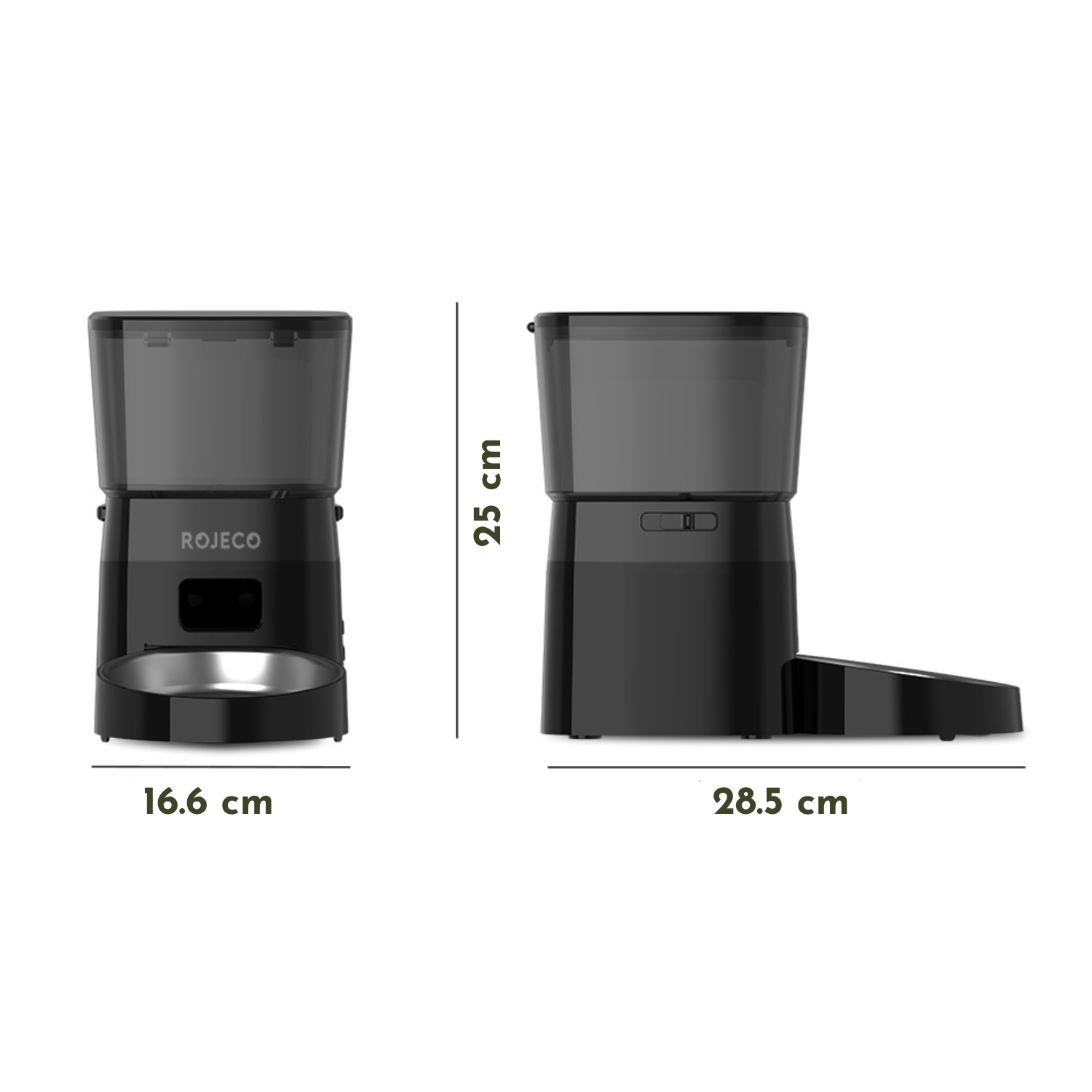 Distributeur noir de croquettes ROJECO avec gamelle intégrée pour chien, design compact avec prise UE.