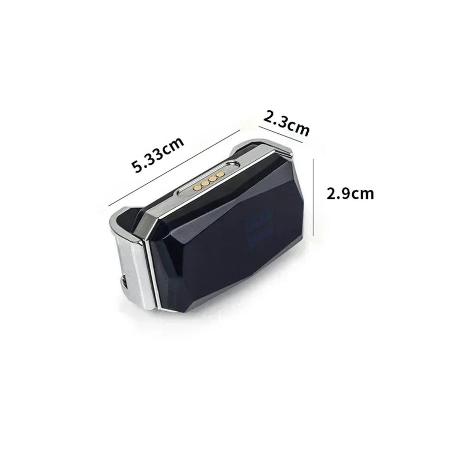 Collier GPS noir compact pour chien avec dimensions précises, adapté à laisse et gamelle.