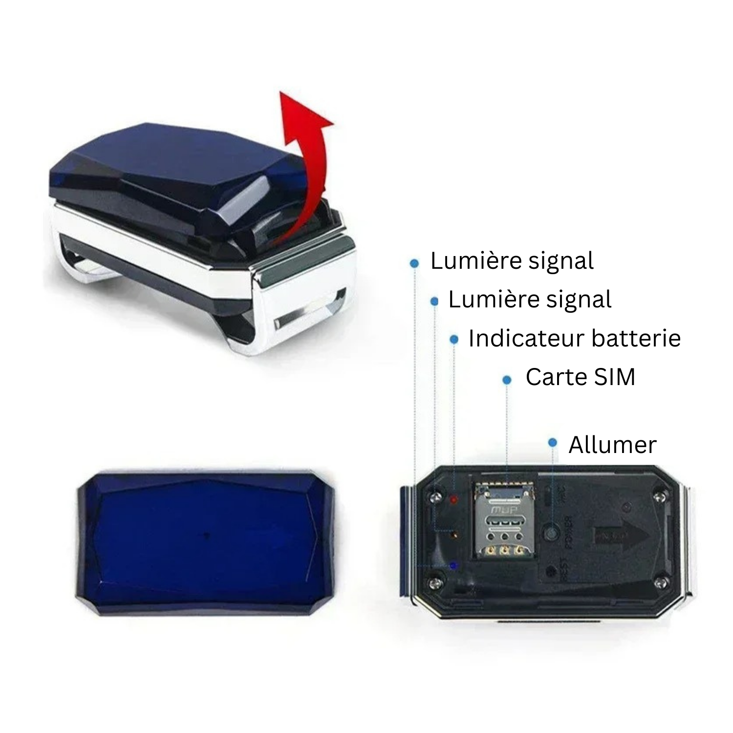 Collier GPS ouvert avec carte SIM visible pour chien, indicateur batterie et lumière signal.