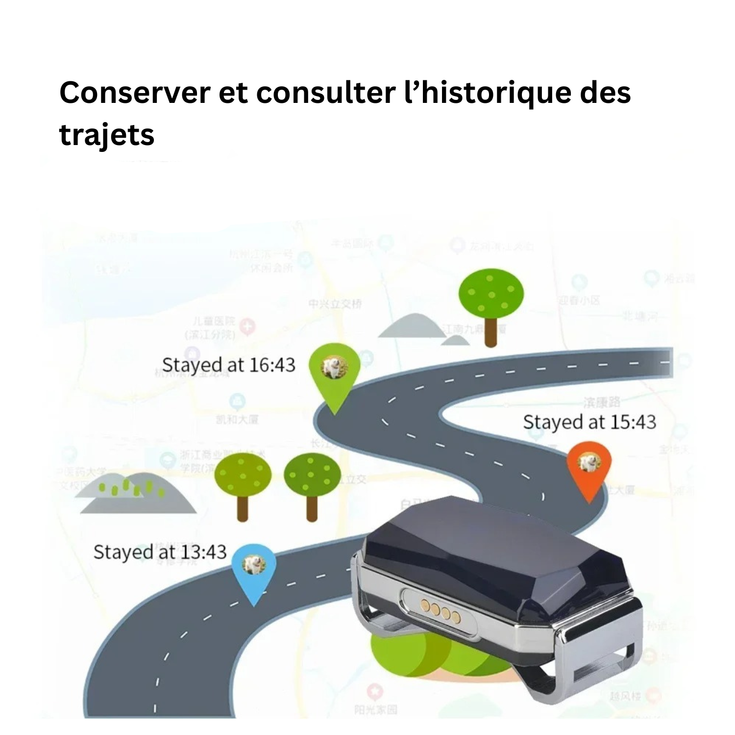Collier GPS noir pour chien avec fonction suivi des trajets sur carte numérique.