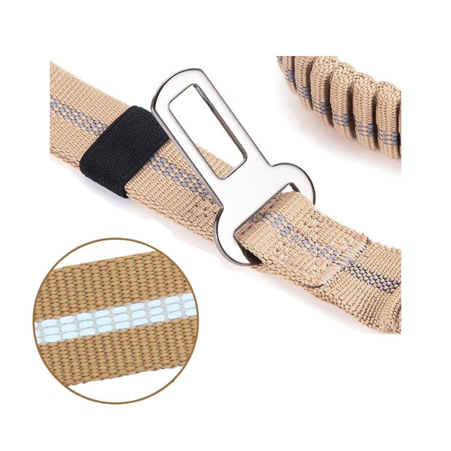 Laisse chien kaki avec absorption chocs et attache ceinture de sécurité robuste.