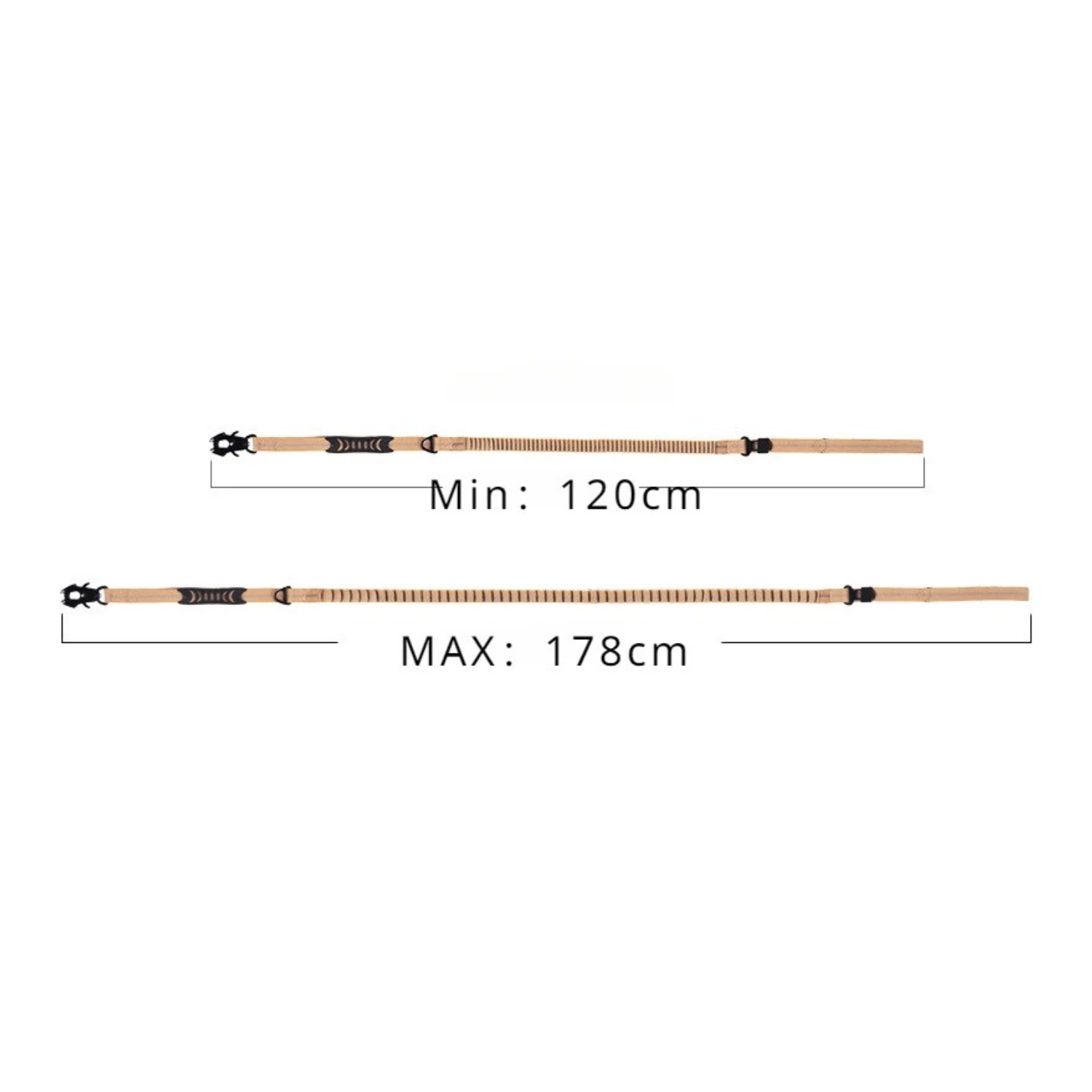 Laisse beige réglable pour chien avec absorption de chocs et fixation ceinture sécurité.