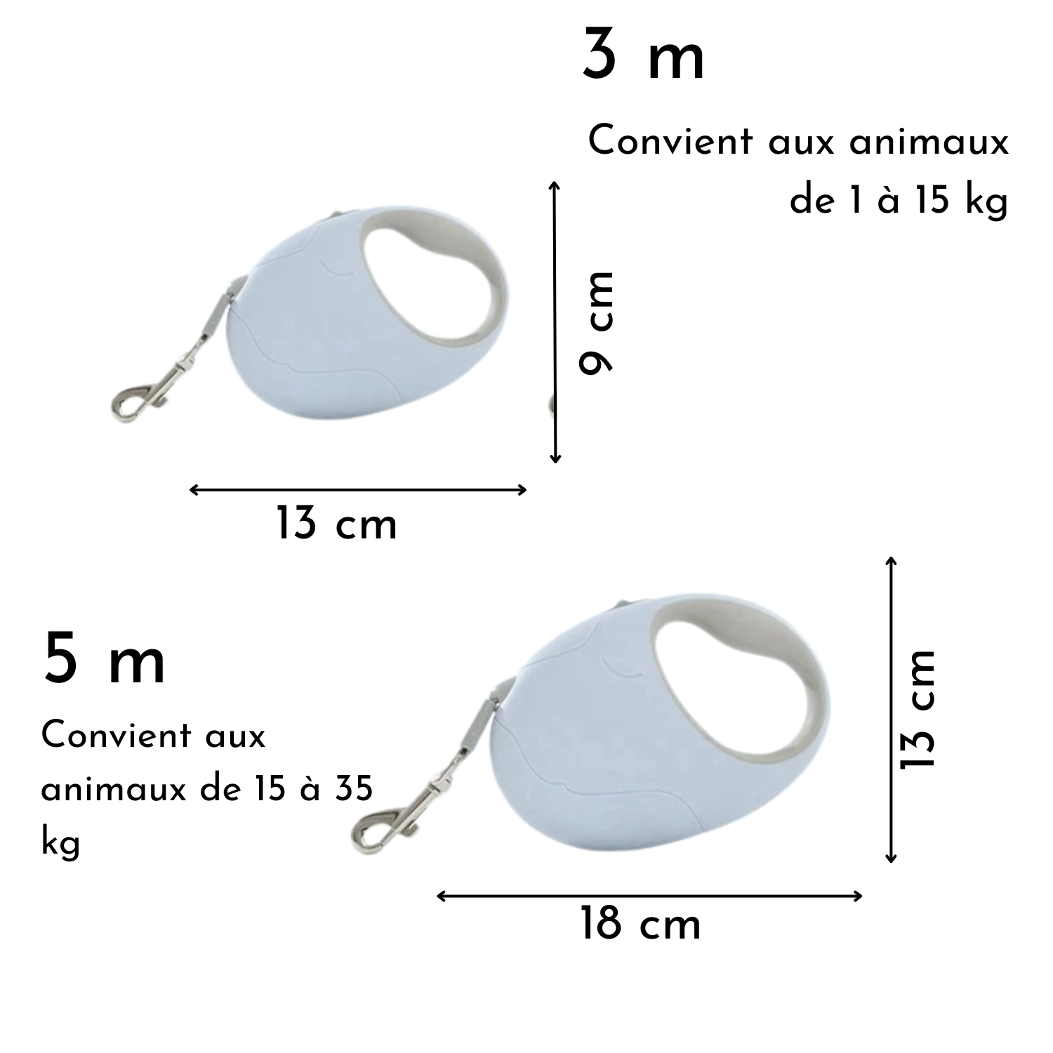 Laisse enrouleur blanche 3 m pour chien léger, design ovale ergonomique.