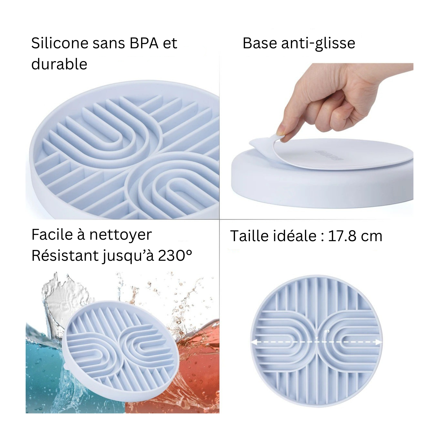 Gamelle anti-glouton bleu en silicone avec base antidérapante pour chien.
