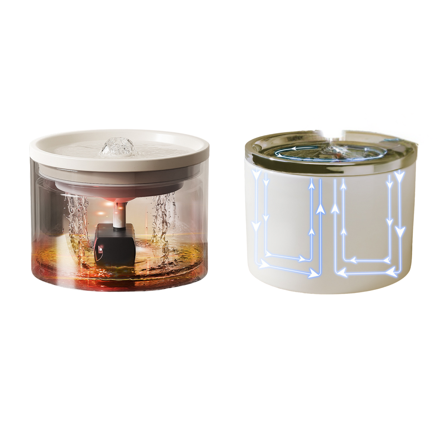 Fontaine en céramique blanche avec circuit d'eau intégré, accessoire pour chien avec gamelle et collier.