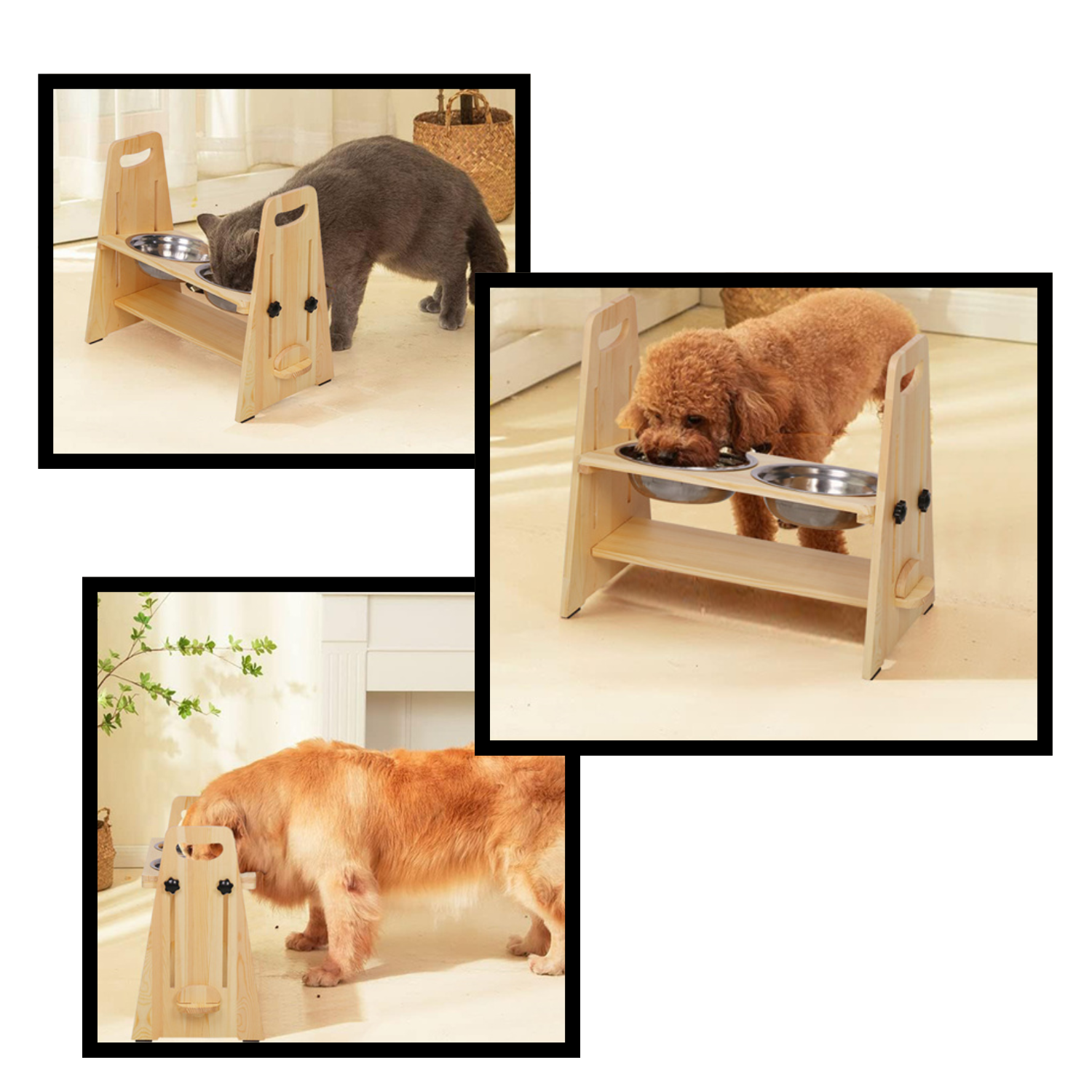Gamelle chien surélevée en bois avec deux bols inox, accessible pour chiens de différentes tailles.
