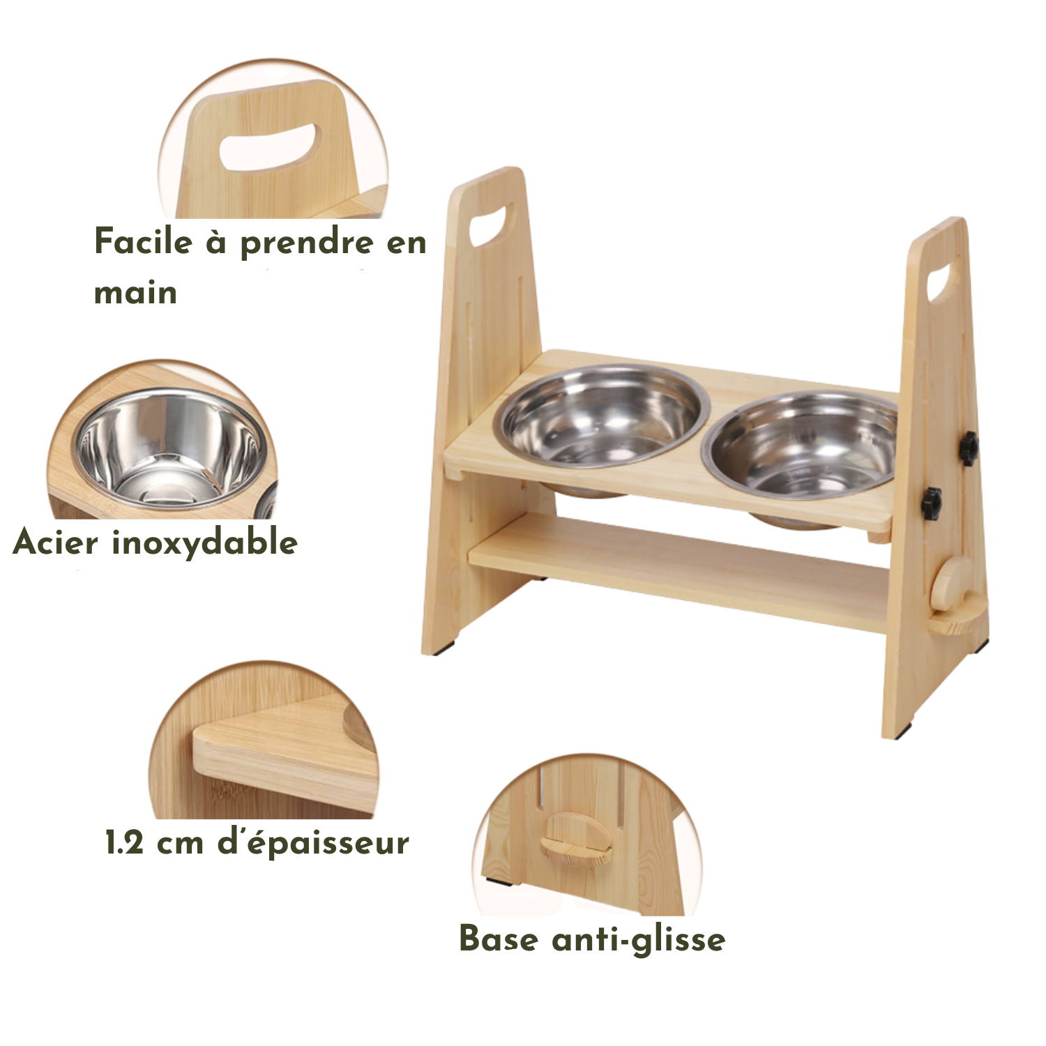 Gamelle chien surélevée en bois avec 2 bols inox, base antidérapante, poignée pratique.