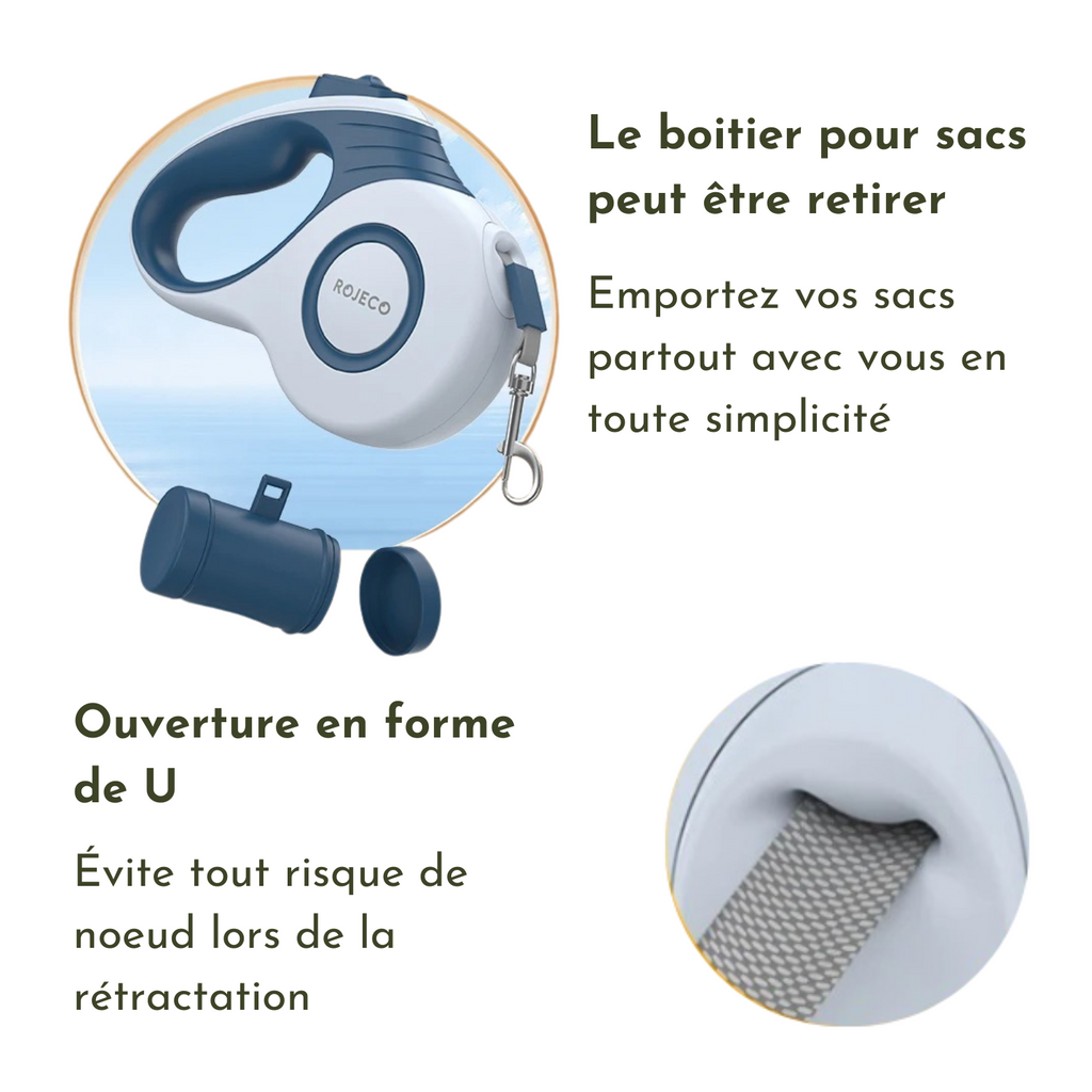 Laisse enrouleur bleu avec poignée ergonomique et support sac pour chien, détail du ruban antidérapant.