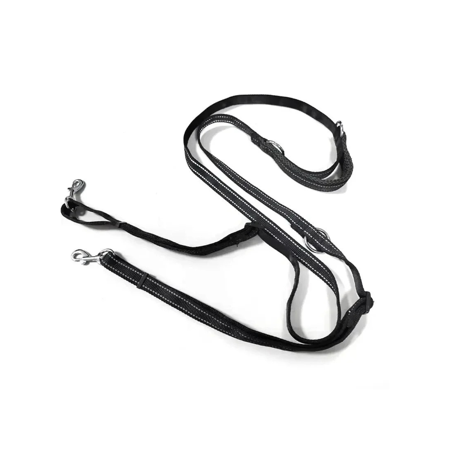 Laisse noire double en nylon pour chien avec attaches métalliques.