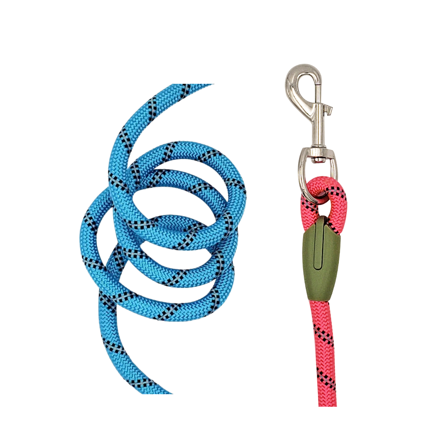 Laisse double en corde bleue et rose avec mousqueton argenté pour chien.