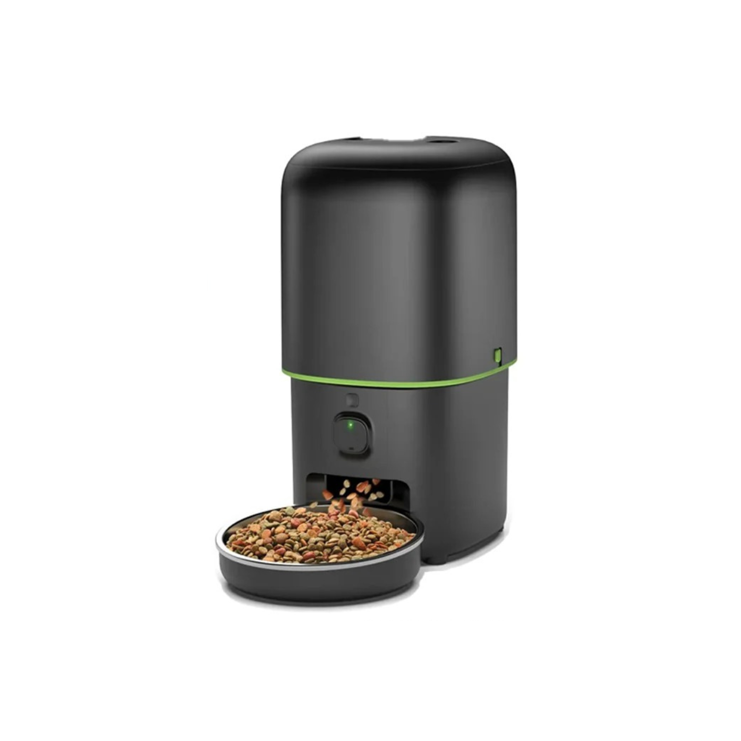 Distributeur de croquettes noir moderne avec gamelle ronde remplie de croquettes pour chien, compatible collier et laisse.