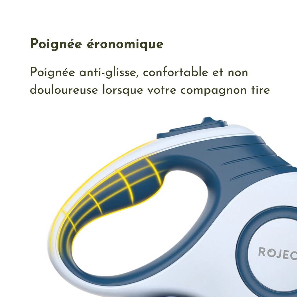 Poignée ergonomique bleue antidérapante pour laisse enrouleur chien.