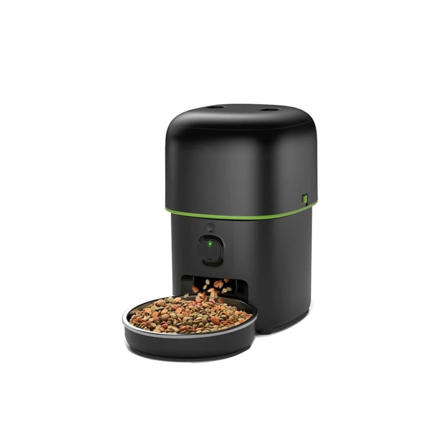 Distributeur de croquette noir avec gamelle intégrée pour chien, compatible collier et laisse.