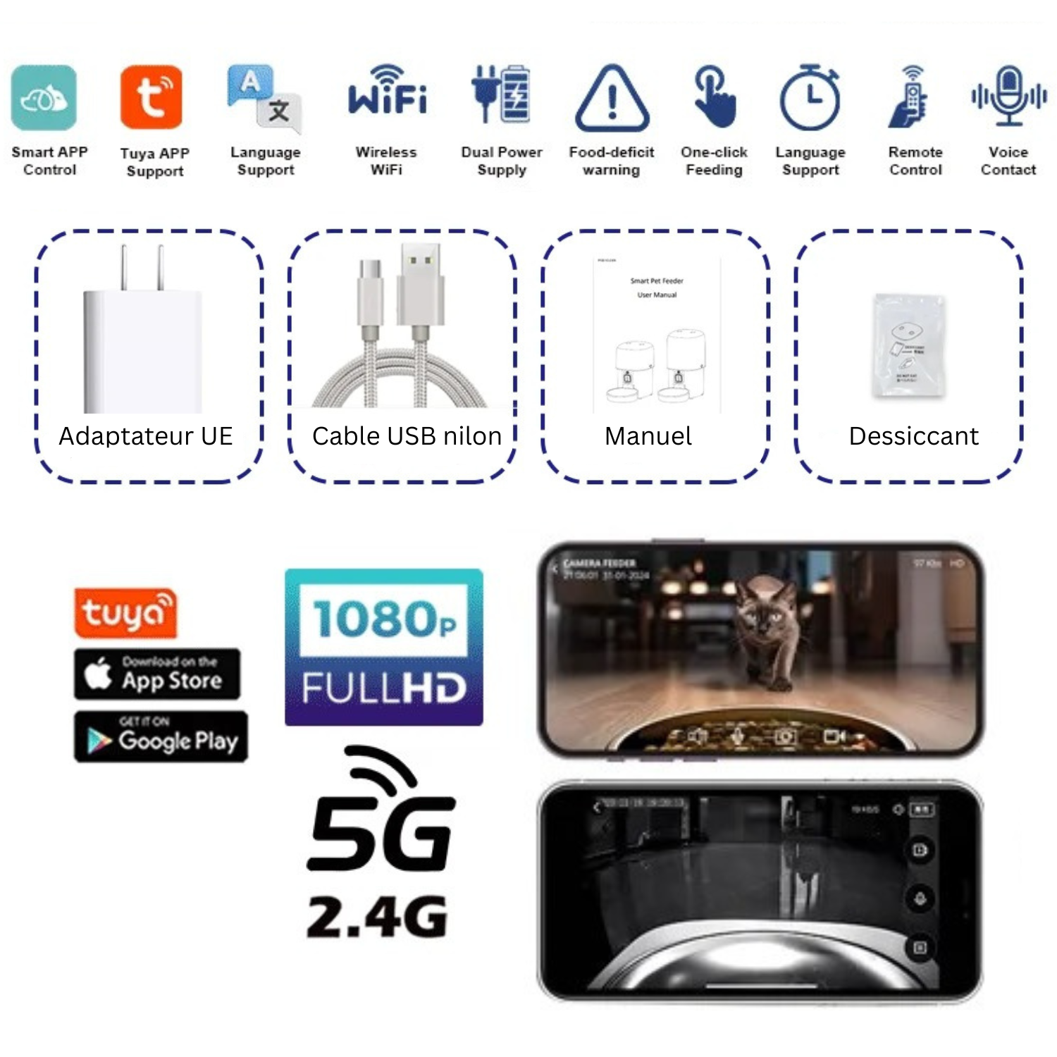 Distributeur croquettes chien 2L avec caméra 1080p, compatible WiFi, pour gamelle, laisse, collier.
