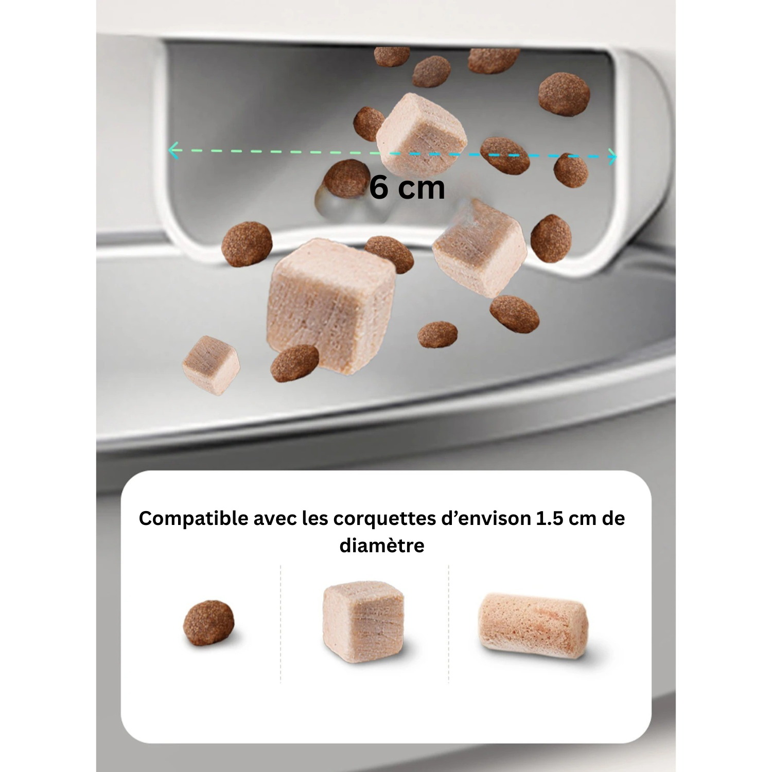 Croquettes et cubes pour distributeur, compatibles avec gamelle chien, laisse et collier.