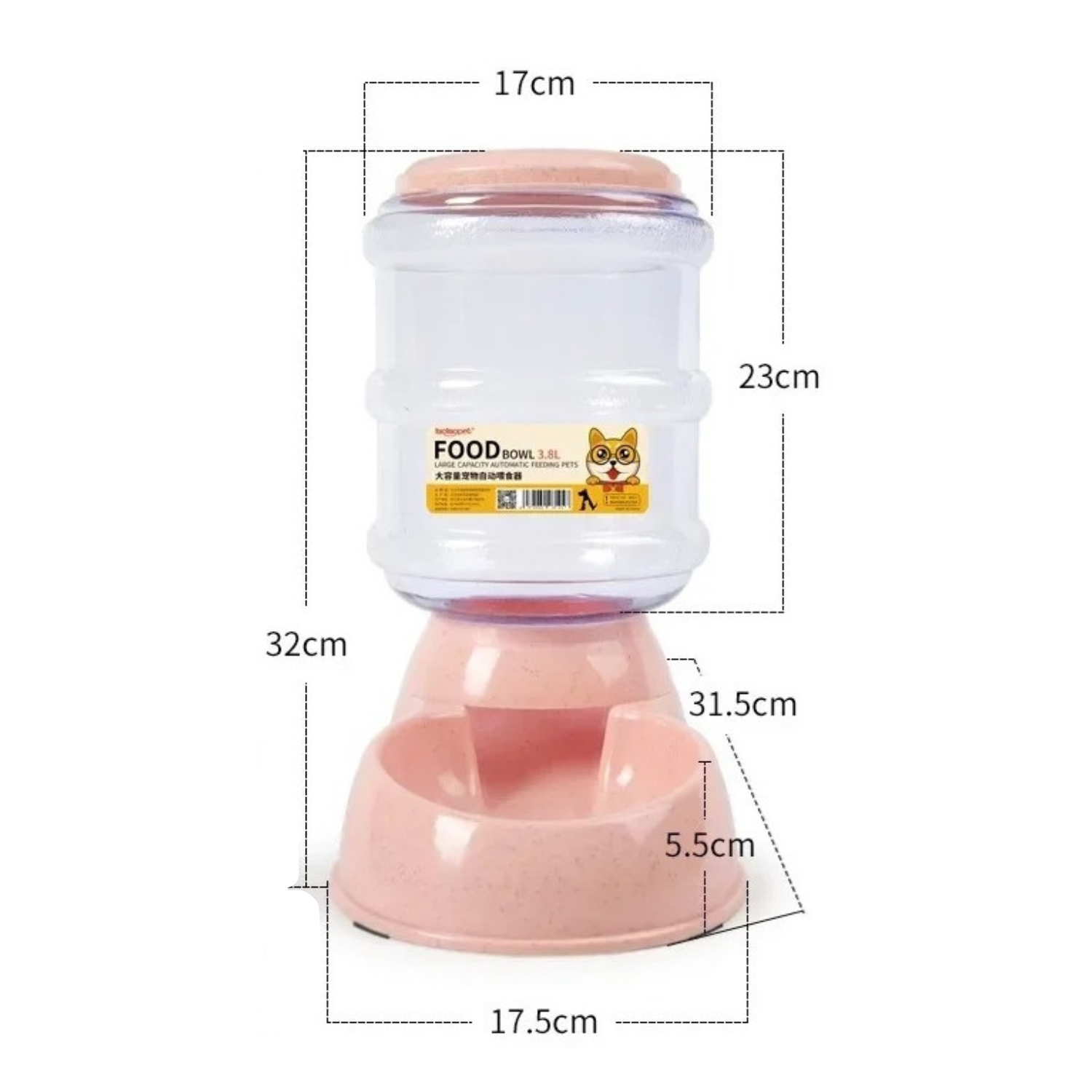 Distributeur de croquettes rose avec gamelle intégrée pour chien, laisse et collier visibles.