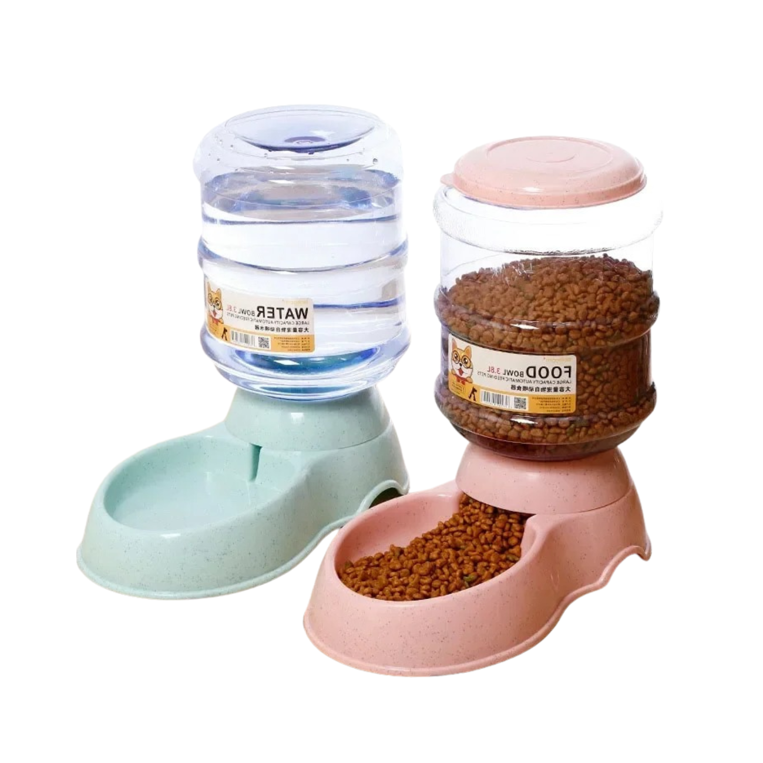 Distributeur d'eau et gamelle rose et turquoise pour chien avec laisse et collier assortis.