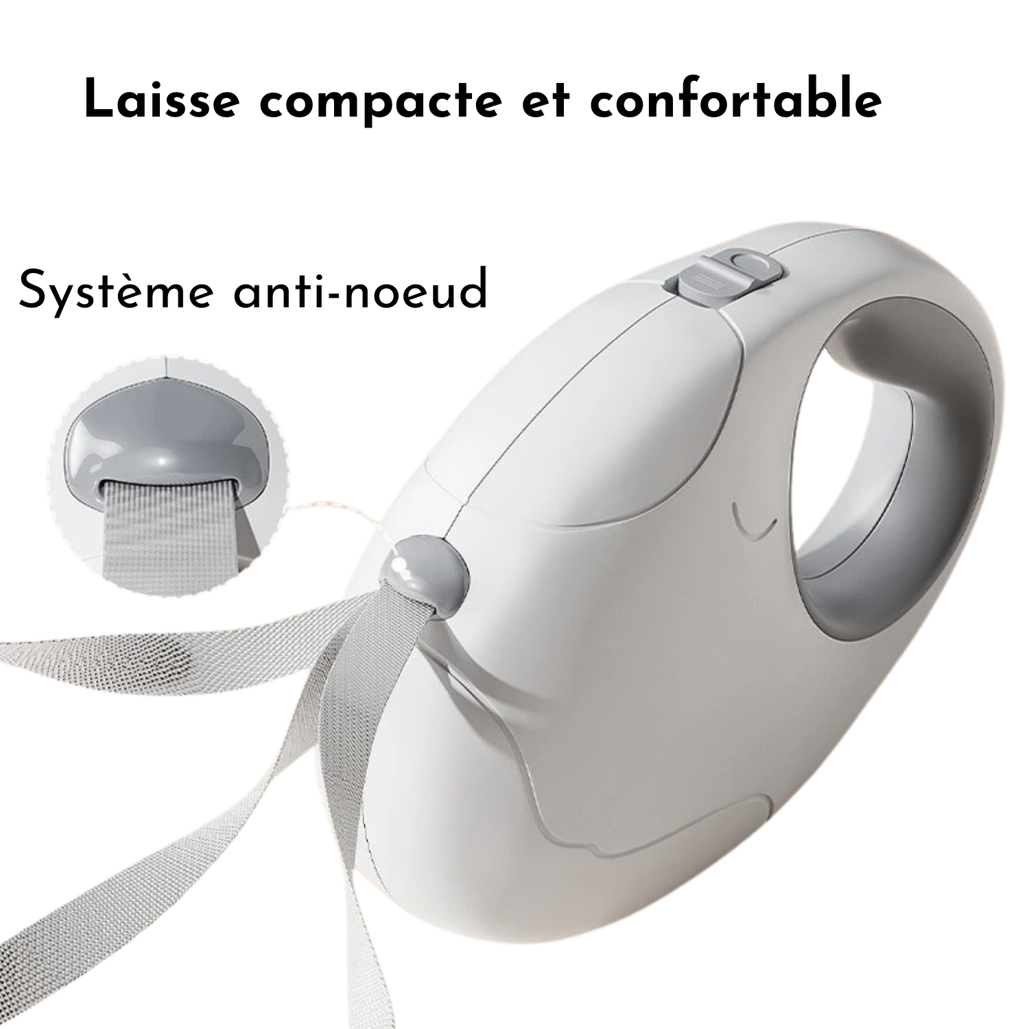 Laisse enrouleur blanche anti-noeud compacte pour chien avec collier et gamelle assortis.