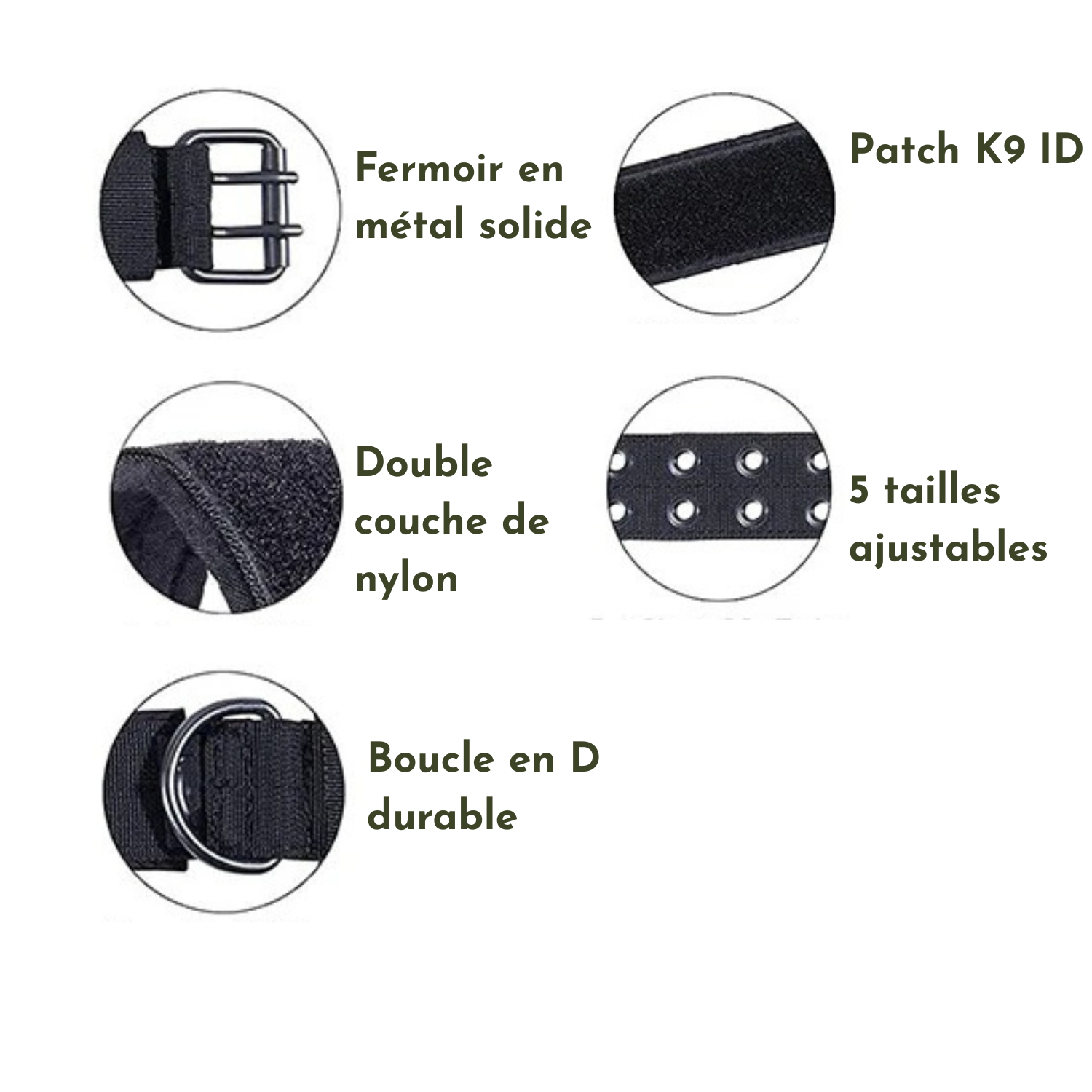 Détails du collier chien camouflage avec boucle métal, patch K9 ID et nylon double couche.