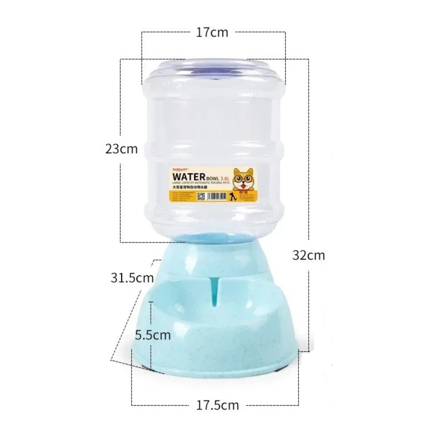 Distributeur d'eau bleu pour chien avec gamelle intégrée, laisse et collier associés.