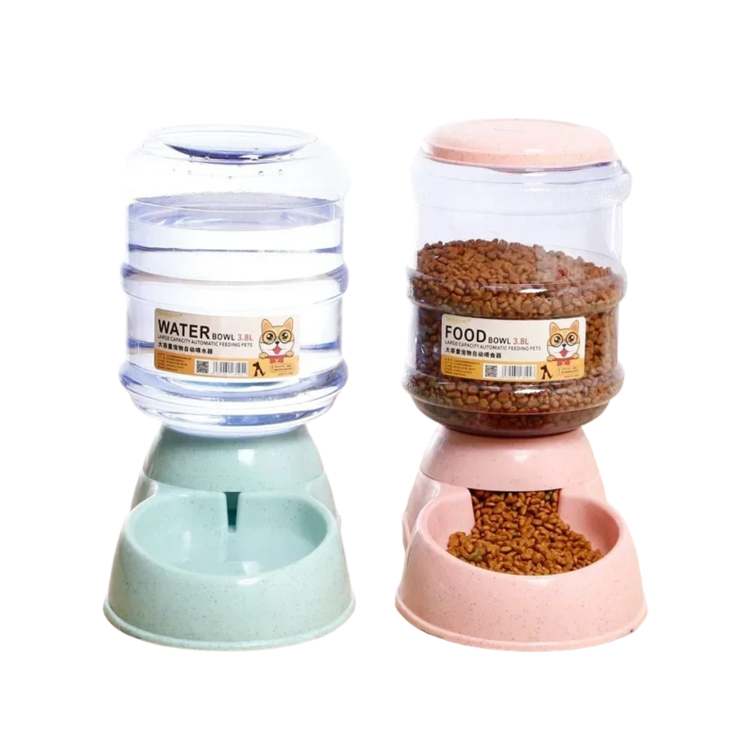 Distributeur croquettes bleu avec gamelle et distributeur eau gris, accessoires chien.