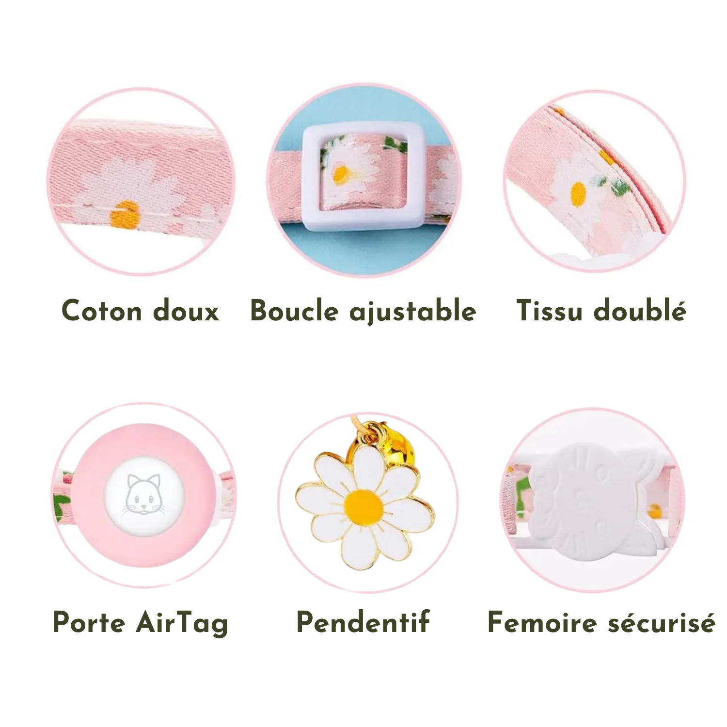 Collier chat rose avec pendentif fleur, porte Airtag, boucle ajustable en coton doux.