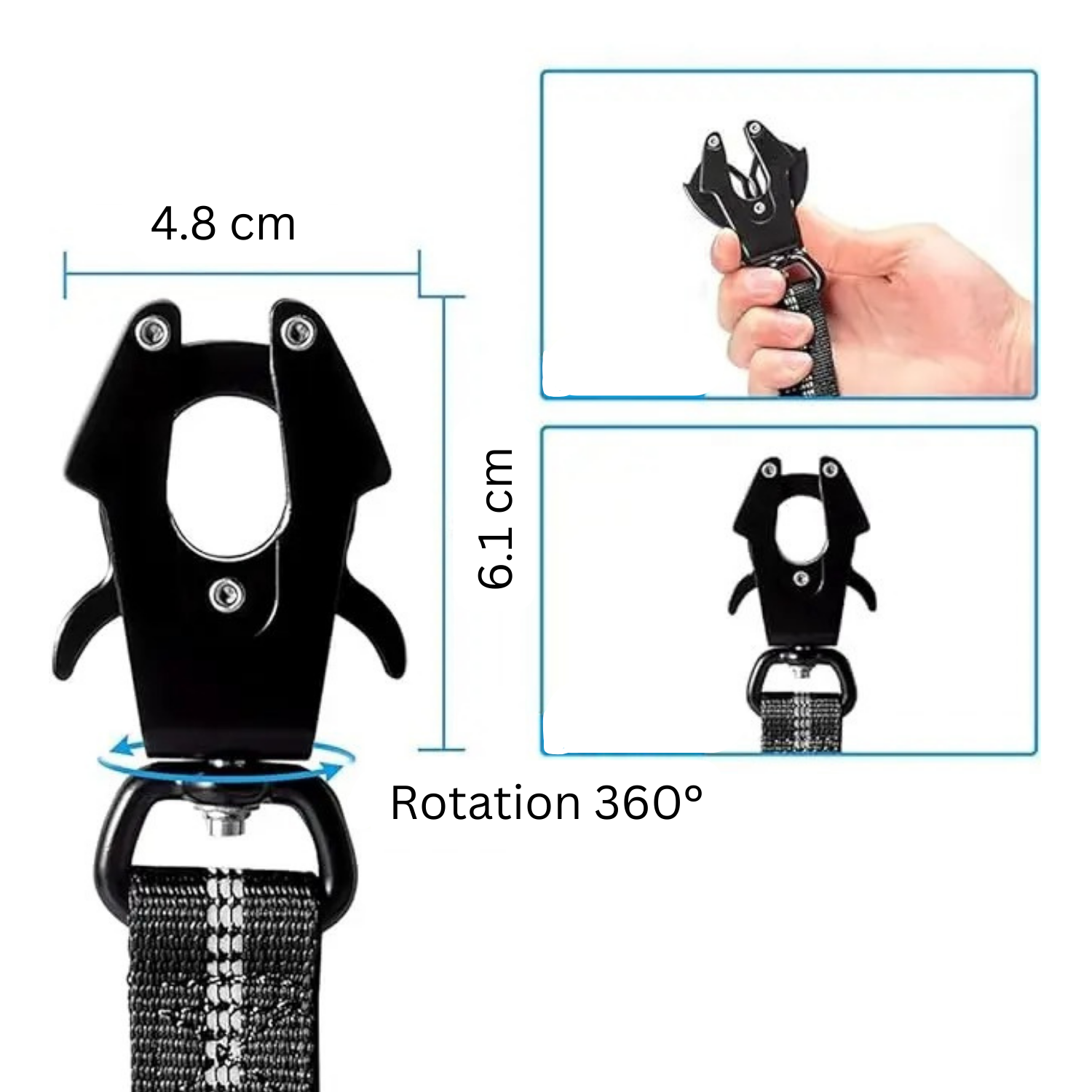 Mousqueton noir rotatif 360° pour laisse et collier de chien, 6,1x4,8 cm, main tenant clip.