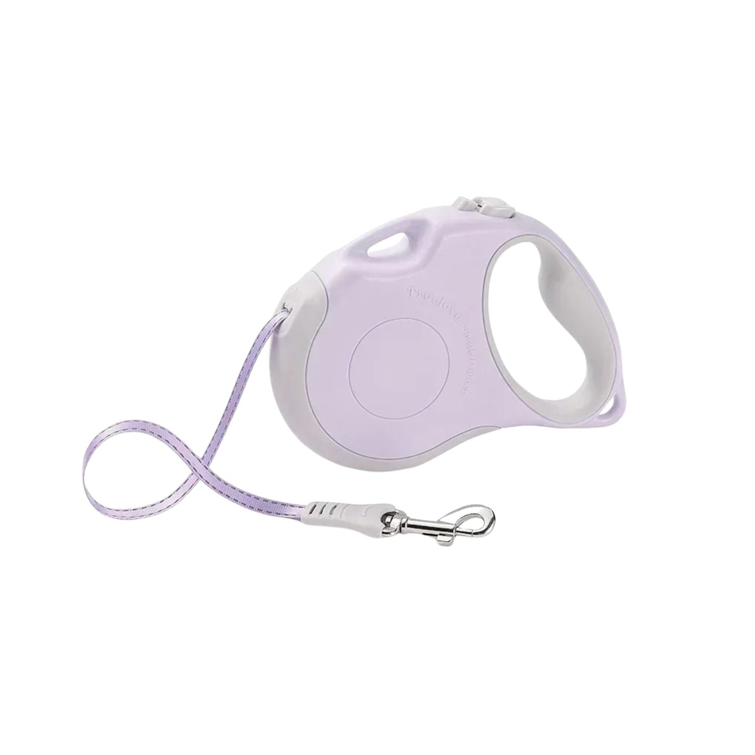 Laisse enrouleur violet clair pour chien avec poignée ergonomique et mousqueton métallique.