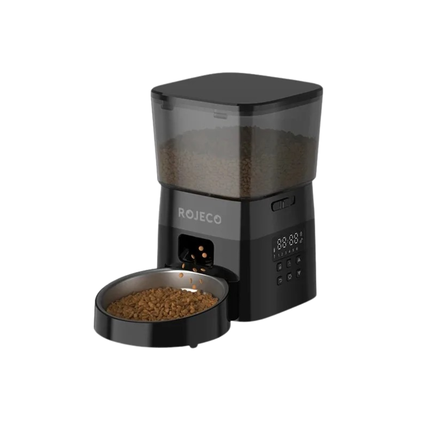 Distributeur de croquettes noir avec gamelle intégrée pour chien, compatible collier et laisse.