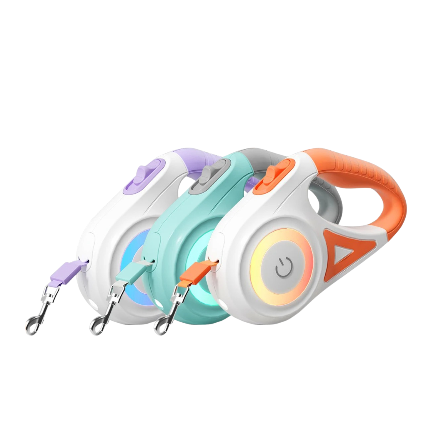 Trois laisses enrouleurs pour chien en violet, bleu et orange avec poignée ergonomique et collier clips.