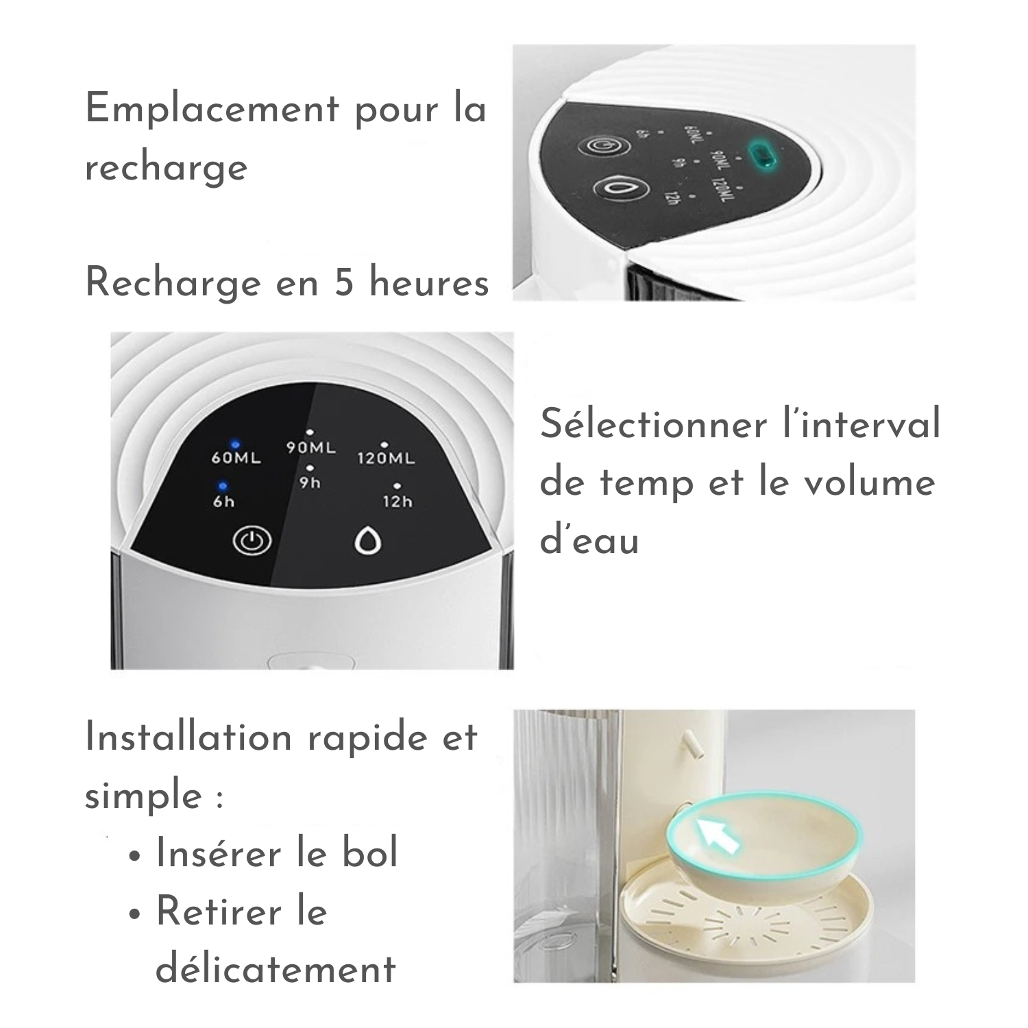 Fontaine à eau beige pour chien avec gamelle intégrée, compatible laisse et collier.