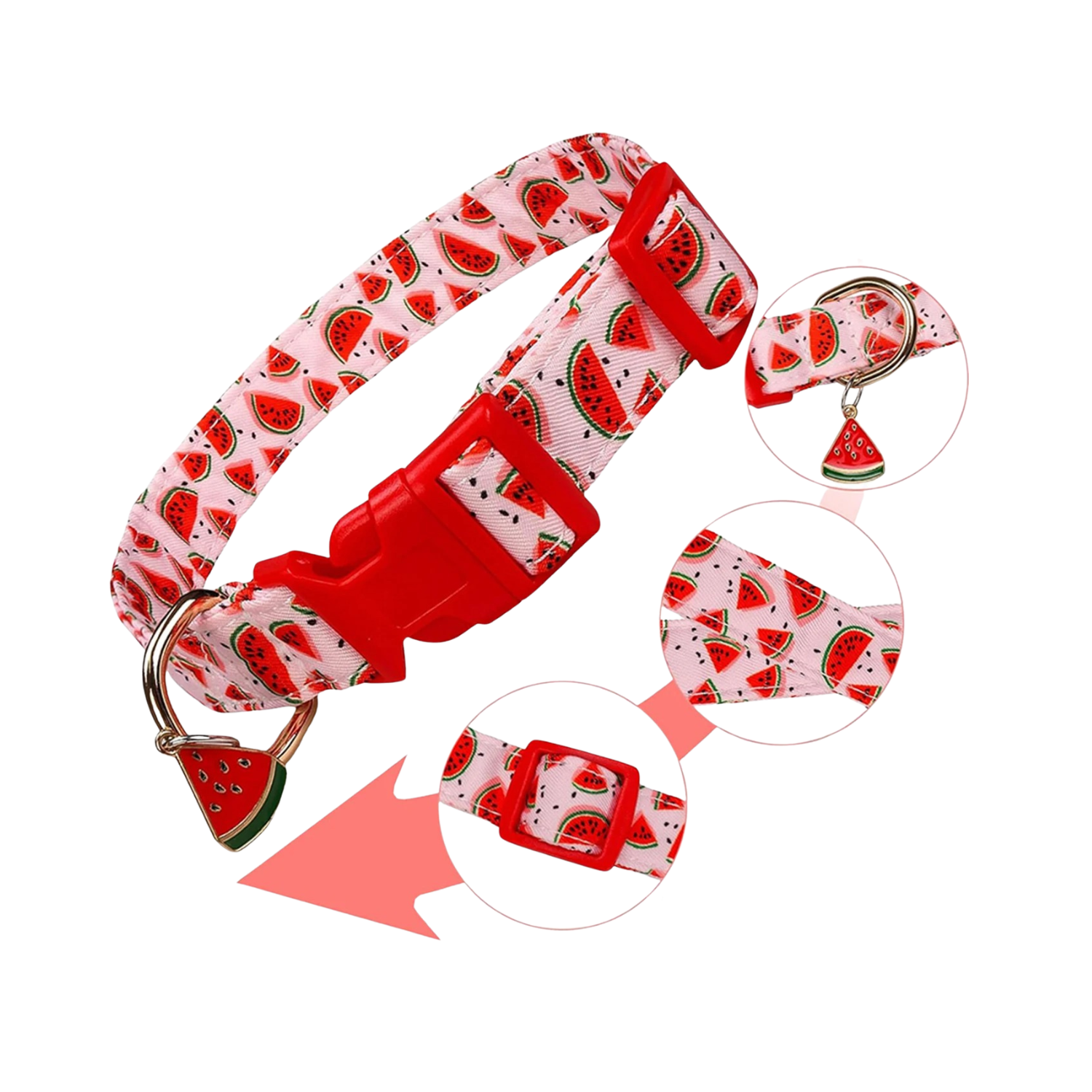 Collier chien motif pastèques rouges avec boucle et anneau métal, facilité pour laisse.