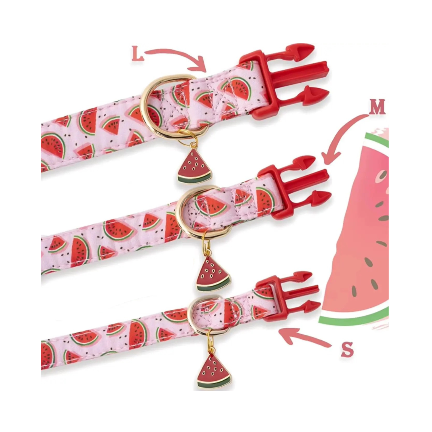 Collier chien avec motif pastèque et pendentif en forme de tranche, boucles rouges, tailles S, M et L.