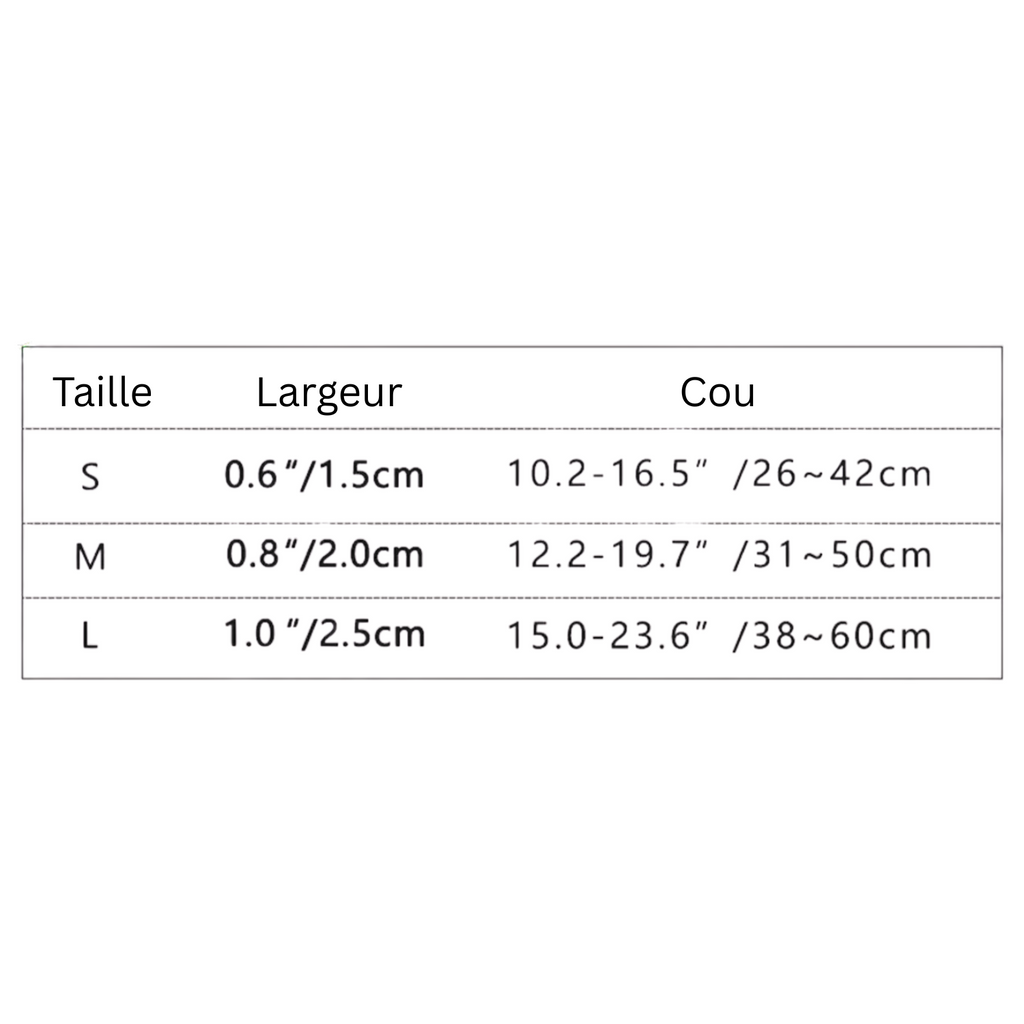 Tableau des tailles pour collier chien Lemon avec dimensions laisse, largeur et tour de cou en cm et pouces.
