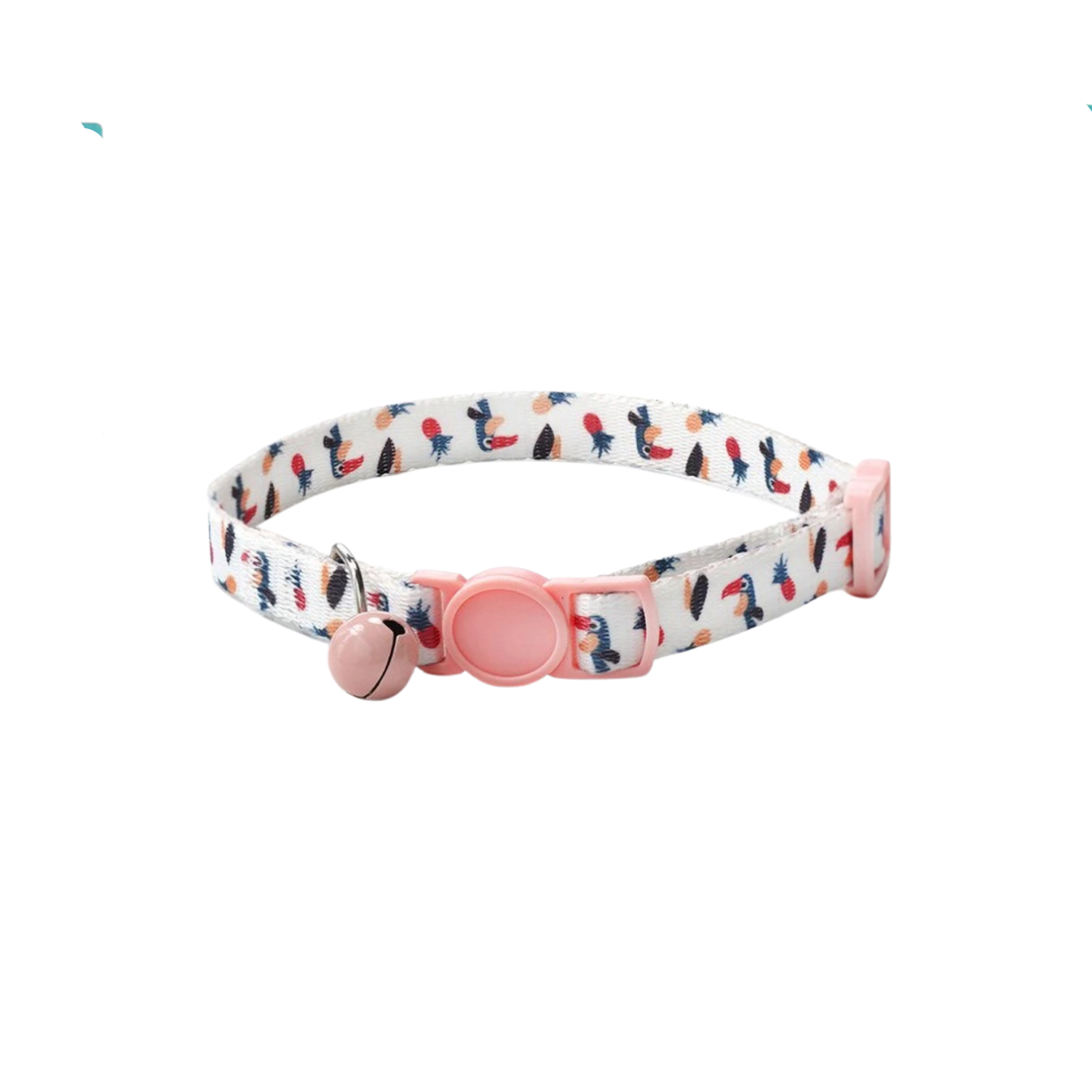 Collier pour chat blanc motifs perroquets avec clochette rose, adapté chien aussi.
