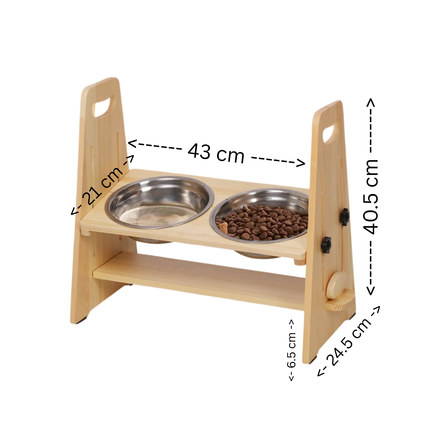 Gamelle chien surélevée en bois avec deux bols inox pour eau et croquettes.