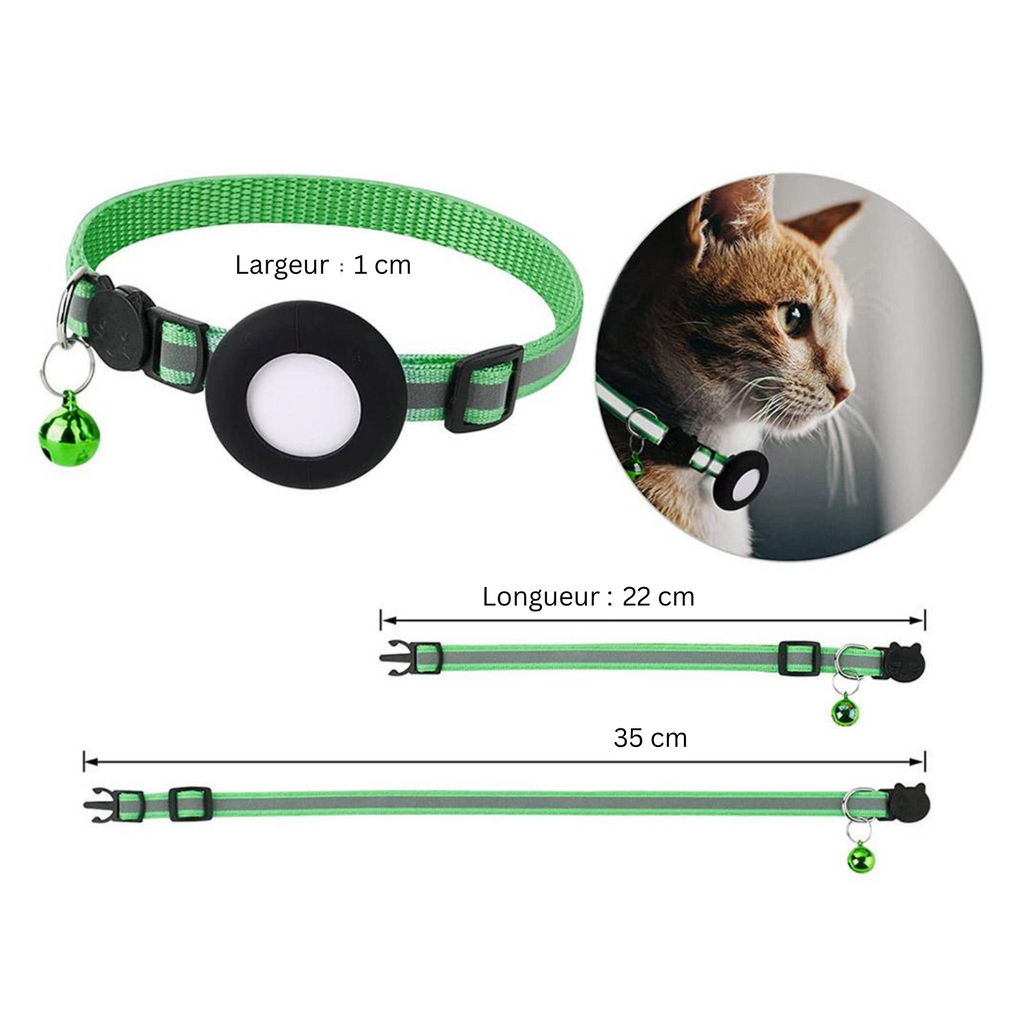 Collier réfléchissant vert fluorescent avec porte AirTag et clochette pour chien.