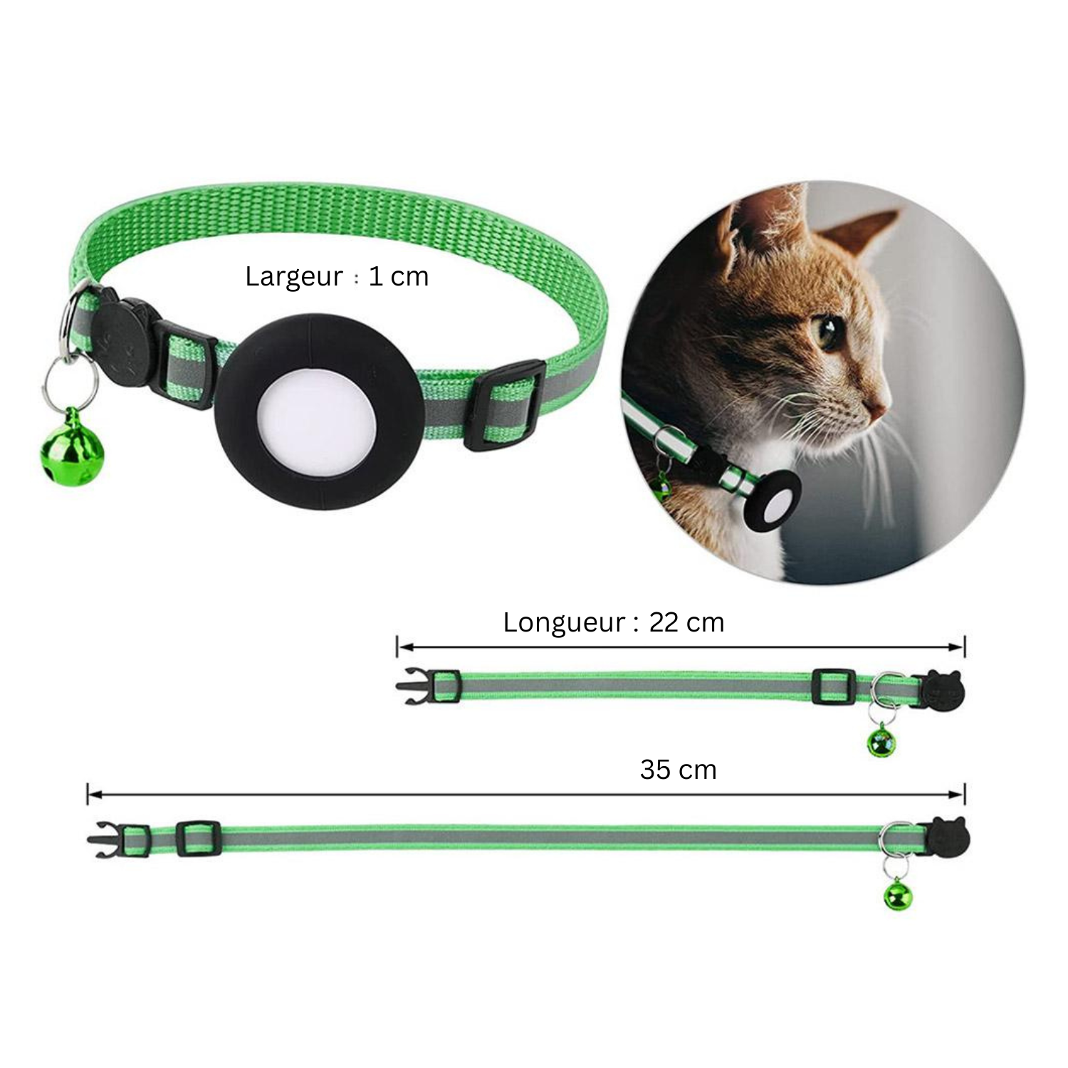Collier réfléchissant vert fluorescent avec porte AirTag et clochette pour chien.